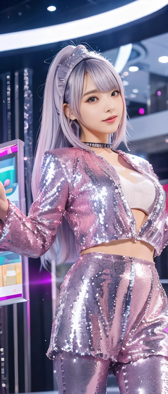 Bunny Girl Idol、whole body、good style、、、、、silver and pink sequin bunny suit(Leotard style)、silver hair、cyber building