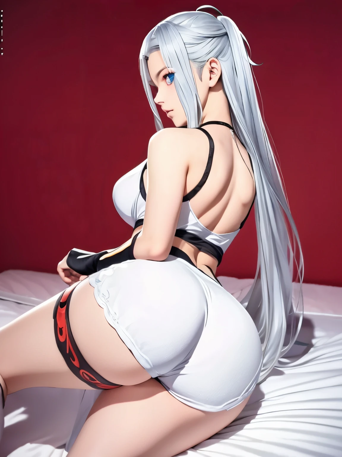  anime, 1girl, ass, bra, thighs,  white_hair, big_breasts, bike_shorts, cameltoe, nsfw, seductive anime girl, relaxed_pose, laying stomach on the bed, ass_focus, (Zai_Ji_NARAKA: BLADEPOINT), naraka_bladepoint_game_character, blue_eyes ,sleeping , very_long_hair, Thick_hair, so_much_hAir,proning,prone_position