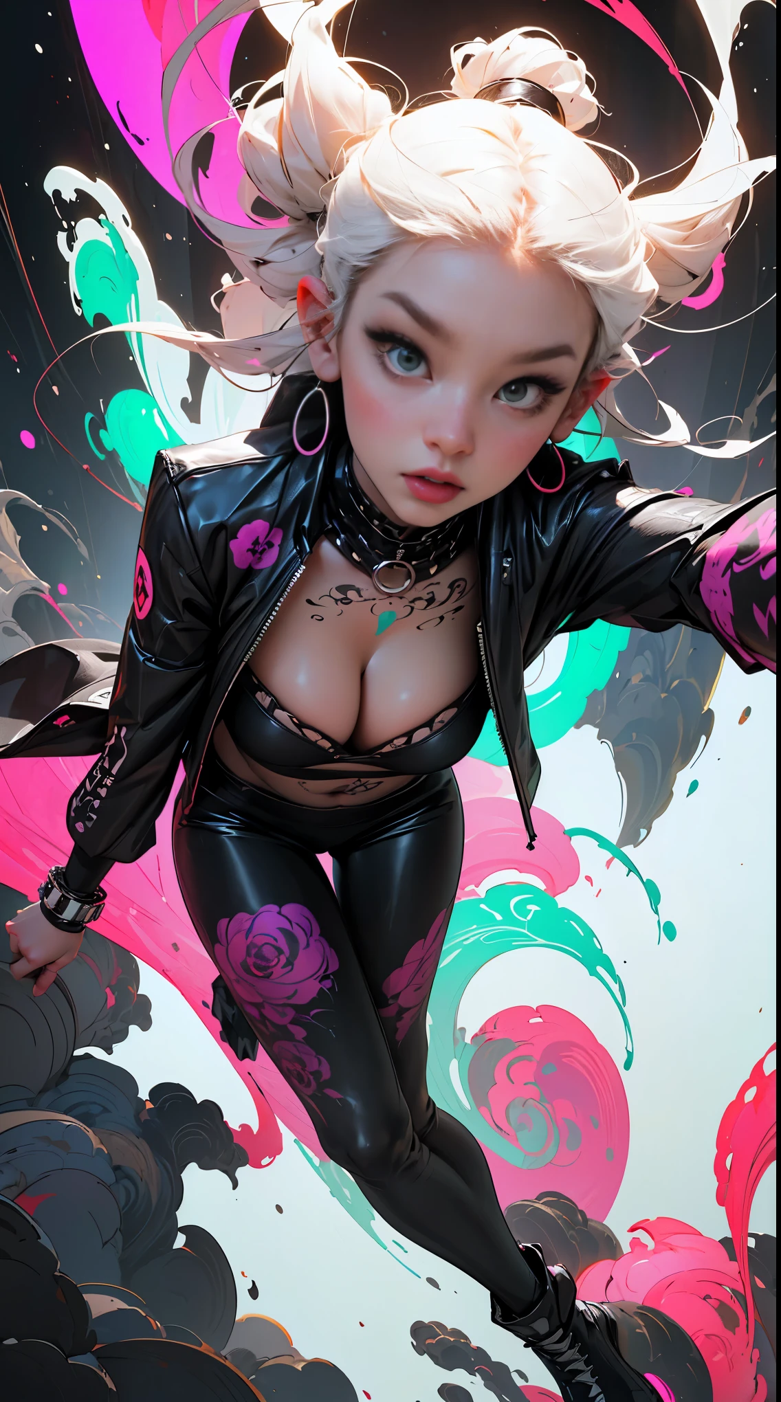 (masterpiece, top quality, best quality, official art, beautiful, cosmic, atmospheric, psychedelic, dreamlike and aesthetic, swirling psychedelic cosmic graffiti patterns:1.2), (1girl), extreme detailed,(fractal art:1.3),colorful,highest detailed, "(Best Quality, 8K, 32K, masutepiece:1.3), Ultra-detailed, (Photorealistic:1.4), pink and white colors, perfect color scheme, albino, Punk rock Girl, Detailed moonlight eyes, full body portrait, Luxurious neon purple punk hair, Edgy Harajuku-inspired punk rock fashion, super huge enormously gigantic tits, cleavage showing, Avant-garde makeup, Numerous piercings, Heavily tattooed body, swirling psychedelic cosmic dreamlike graffiti pattern background