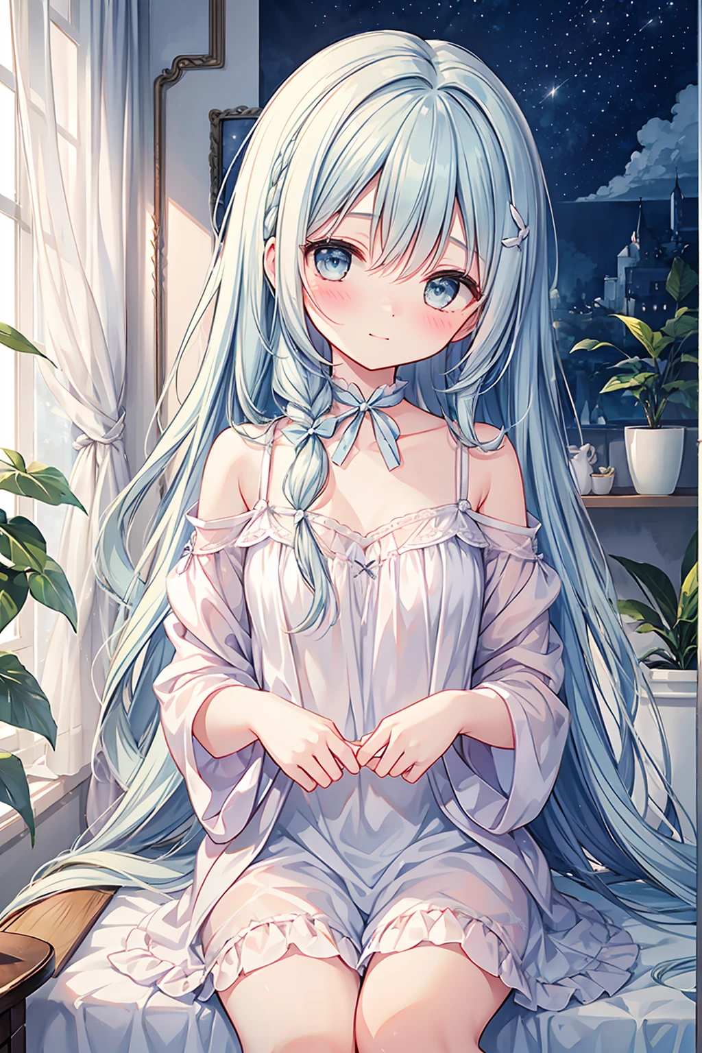 masterpiece, best quality, extremely detailed, (illustration, official art:1.1), shy,1 girl ,(((( light blue long hair)))), light blue hair, ,10 years old, long hair ((blush)) , small breasts,cute face,masterpiece, best quality,best quality, absurdres, {{{{{{{{{{wavy hair}}}}}}}}}}, {{{blue hair, blue eyes}}}, nightgown, {{{lace trim}}}, off shoulder,
1girl, sleeping soundly, soft pillow, serene expression, fluffy blanket, moonlight filtering, teddy bear companion, gentle breathing, soft pastel nightgown, dreamy ambiance, hair sprawled delicately, window slightly open, gentle night breeze, soft chirping crickets, delicate eyelashes, small smile, dream bubble, floating above her head, whimsical fairytale scene inside, soft pink walls, childhood photo frame,wink , sweet dream,whimsical clouds on the walls、giggling and blushing、happy and peaceful mood、