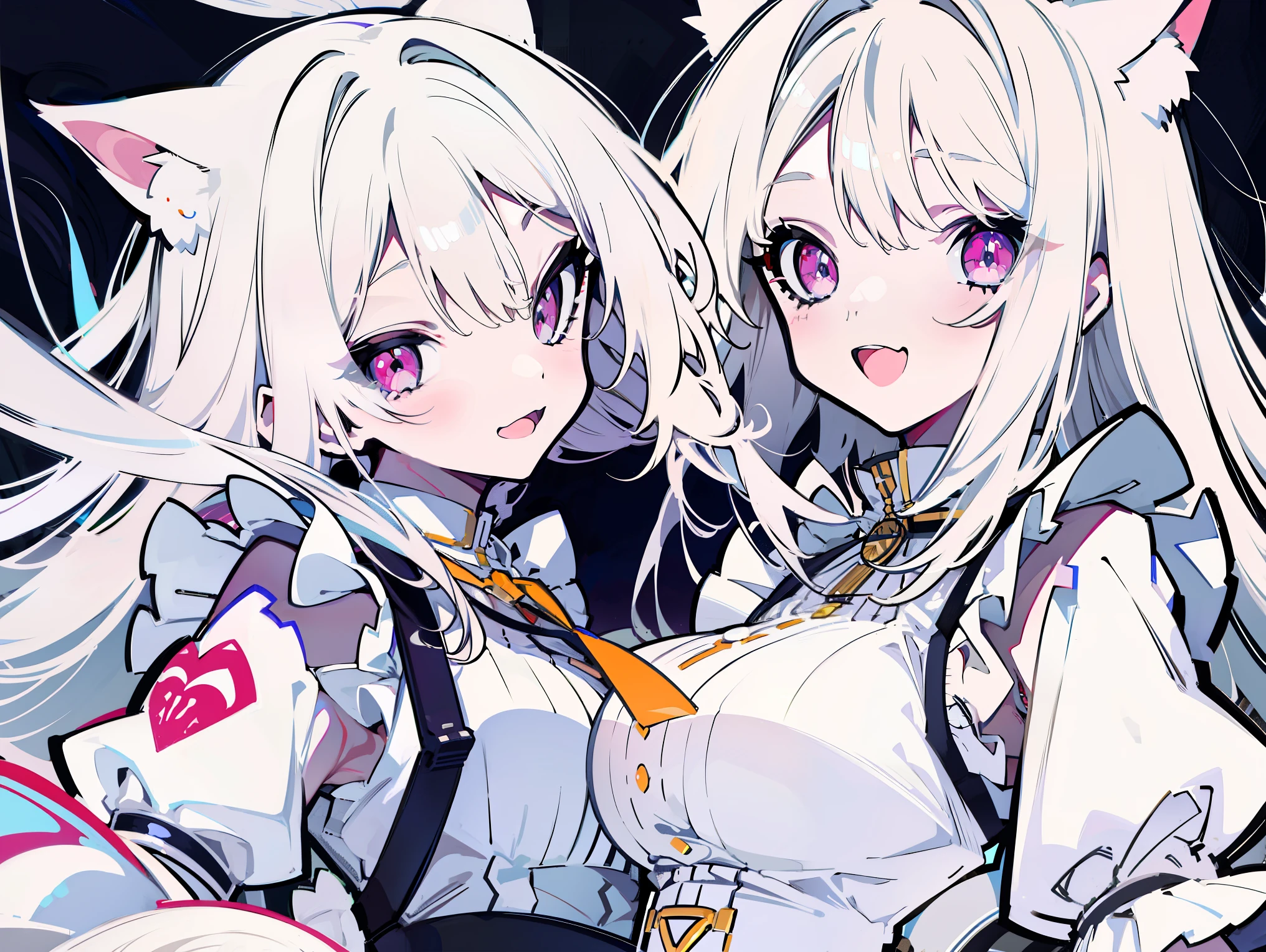 white hair,straight hair,light pink eyes,cat girl,Big breasts,White cat ears,open mouth,Smile,front,Wearing maid outfit