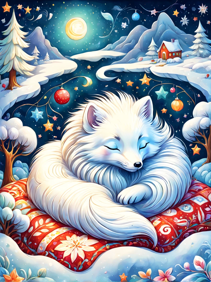 cuteillustration北极狐屋，Snow white arctic fox，hibernation，cute，sleep，Comfortable and warm，looks very happy，illustration，Popularity，Colorful，draw with thick lines，color，dim，light，hibernation的北极狐正在睡觉，have a happy dream，The house is warm and full of happiness，Colorful，gaudy，fantasy，patchwork，Quilt，details details，fluffy，randolph caldecott style, KidsRedmAF