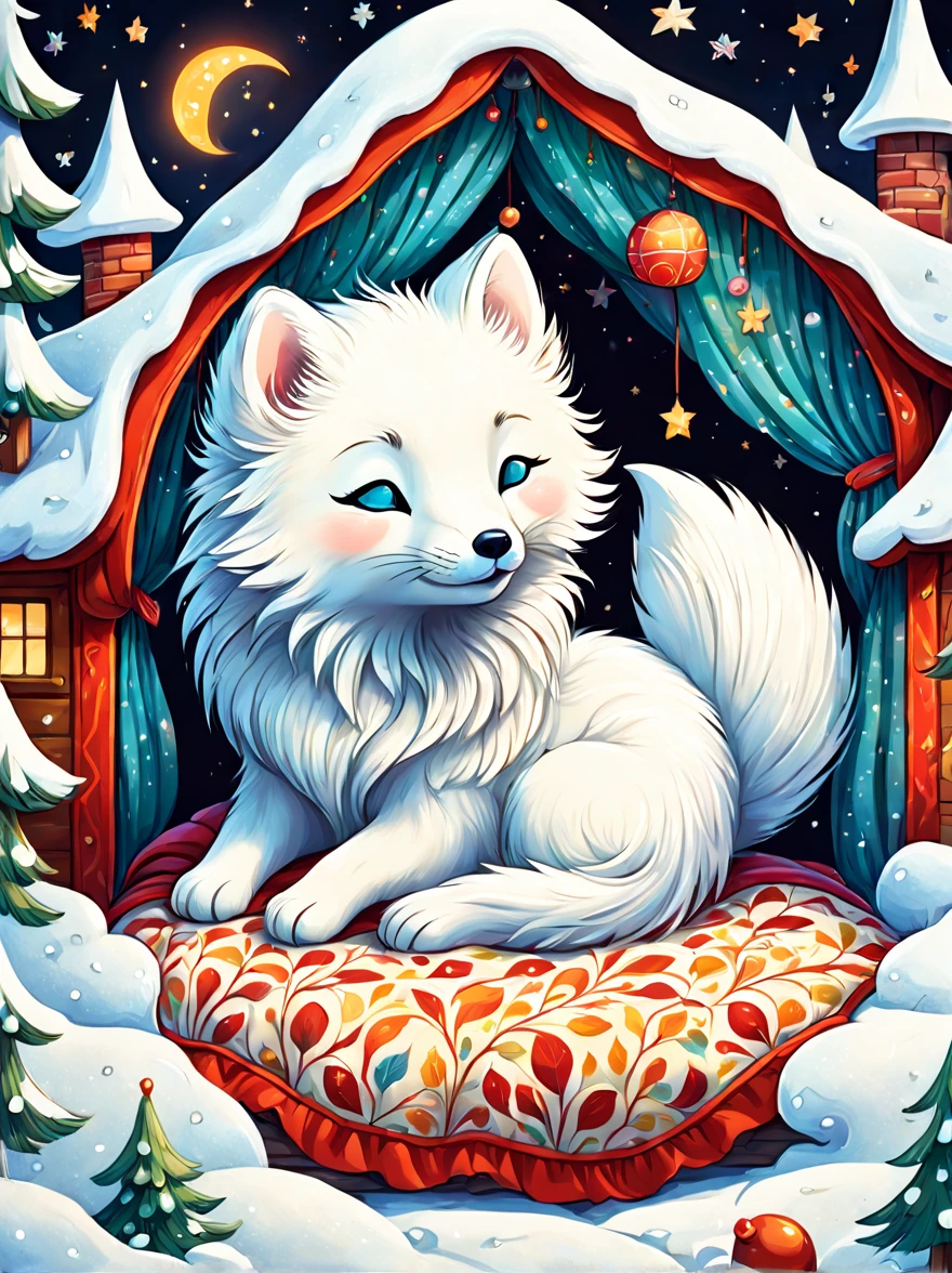 cuteillustration北极狐屋，Snow white arctic fox，hibernation，cute，sleep，Comfortable and warm，looks very happy，illustration，Popularity，Colorful，draw with thick lines，color，dim，light，hibernation的北极狐正在睡觉，have a happy dream，The house is warm and full of happiness，Colorful，gaudy，fantasy，patchwork，Quilt，details details，fluffy，randolph caldecott style, KidsRedmAF