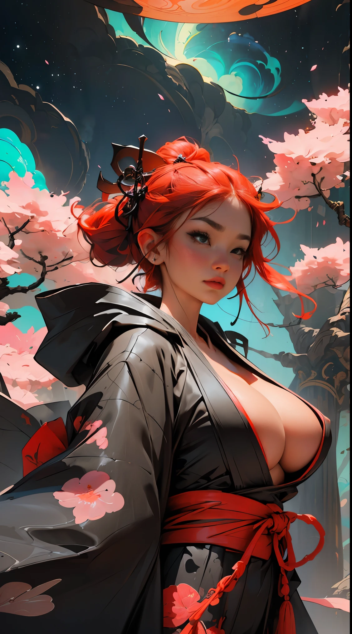 (masterpiece, top quality, best quality, official art, beautiful, cosmic, atmospheric, psychedelic, dreamlike, shinto shrine and aesthetic:1.2), (1girl, platinum red hair, beautuful highly detailed Harajuku-inspired hooded kimono, tons of tattoos and piercings, super huge enormously gigantic nude tits and nipples exposed, cleavage showing, gigantic tits bursting out of her kimono), extreme detailed,(fractal art:1.3),colorful,highest detailed, cherry blossoms blowing in the wind, swirling psychedelic cosmic dreamlike graffiti patterns