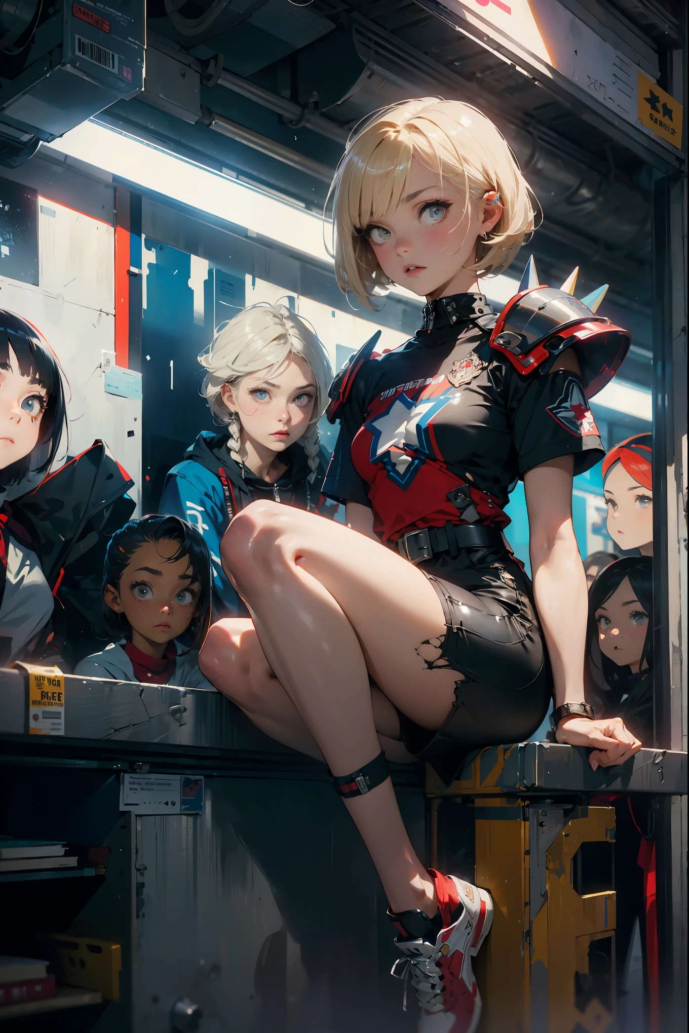 (((Miss))), (((best quality))), (((masterpiece))), (((AS-Adult))), (((1 girl))), ((( bob hairstyle ))), 25-year-old cyberpunk gladiator with perfect figure, Shoulder pads with metal spikes, Brooklyn Gladiolus, (( bob hairstyle )), Small leather pants, Torn football team jersey, Simon Beasley, almost naked(Simon Beasley)Urban savage style《heavy metal》magazine cover, blonde short hair, Minimum dress code, Left arm metal protection,Has complex graphics, deep red,White stars and white and navy blue checkerboard pattern, armor, Full of tips and rivets, (((from knee up))), white blonde short hair, The background is Shepard Fairley(Shepard Fairey)Painted walls of complex design