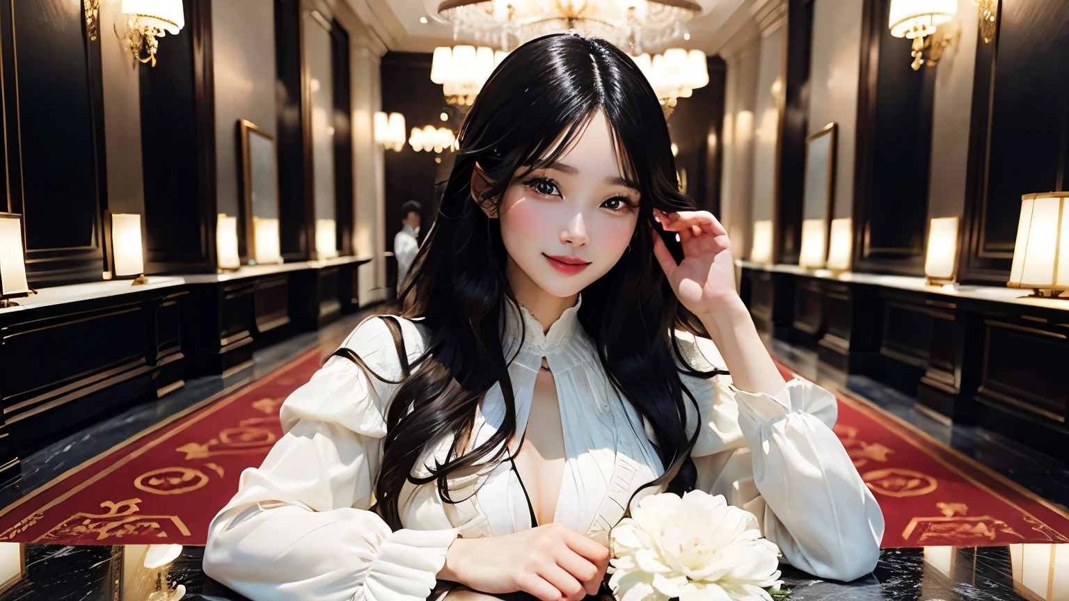 Highest image quality、realistic pictures、Photographed with a wide-angle lens。Luxurious lobby of luxury hotel、Spacious space、young woman greeting、cute face、beautiful woman、long black hair、Formal wear、sense of cleanliness、white costume、long hair、secretary、smile、richness、chic、fashionable、hisense。