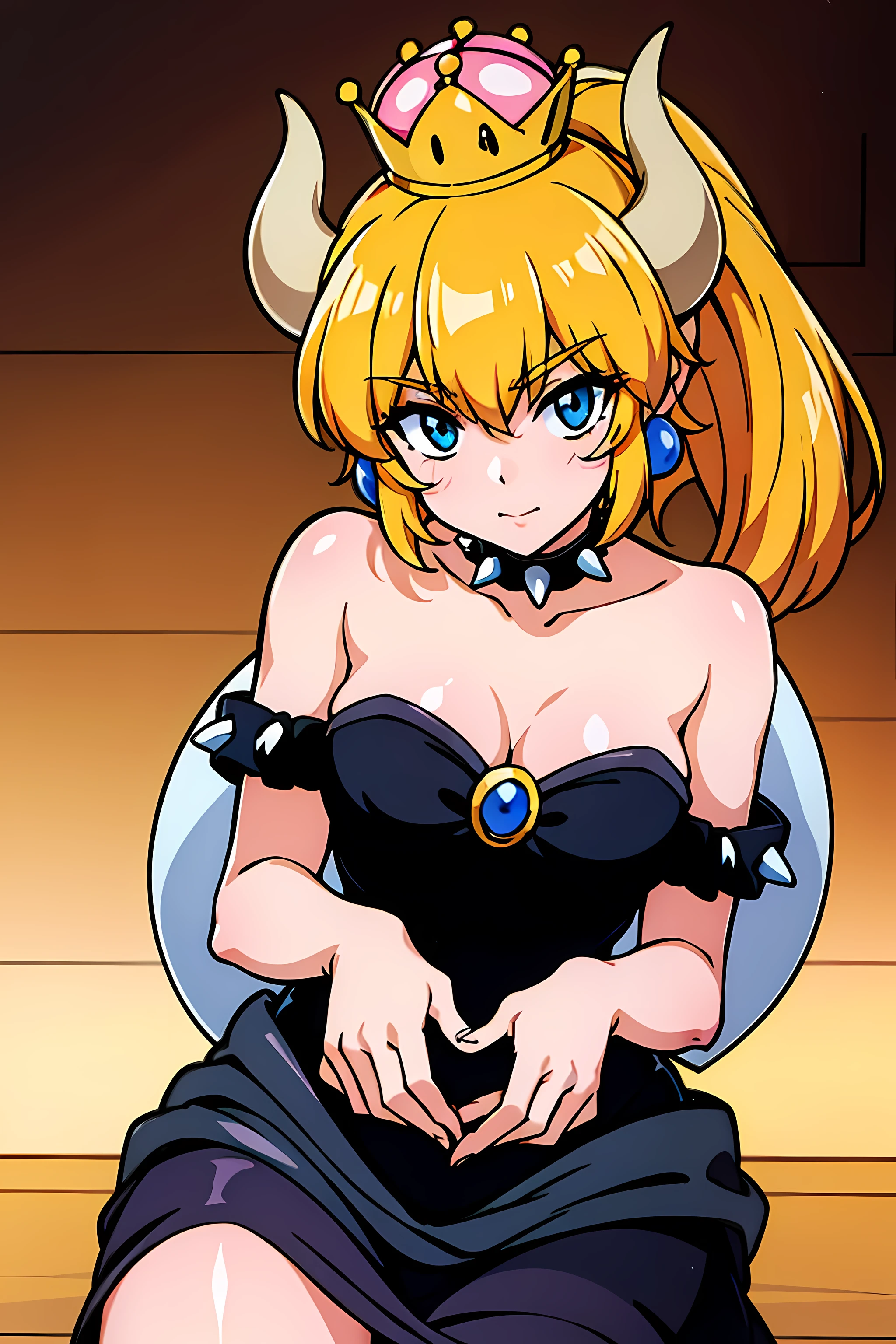 ,(highest quality:1.3),(ultra-be familiar with:1.5),High resolution,extremely be familiar with CG,unity 8k wallpaper,official art,be familiar with,super be familiar with skin,perfect anatomy,beautiful be familiar with eyes,(anime screenshot:1.1),very delicate and beautiful,90s anime,90s anime style,cel shaded anime,1 girl,(Beauset:1.7),(Ammar:1.3),blonde long hair,ponytail,blue eyes,spiked brotherette,Bangles with spikes,spike choker,Super Crown,((white corner)),(pink crown),blue earrings,brooch,((black dress)),(fluffy dress),long dress,
