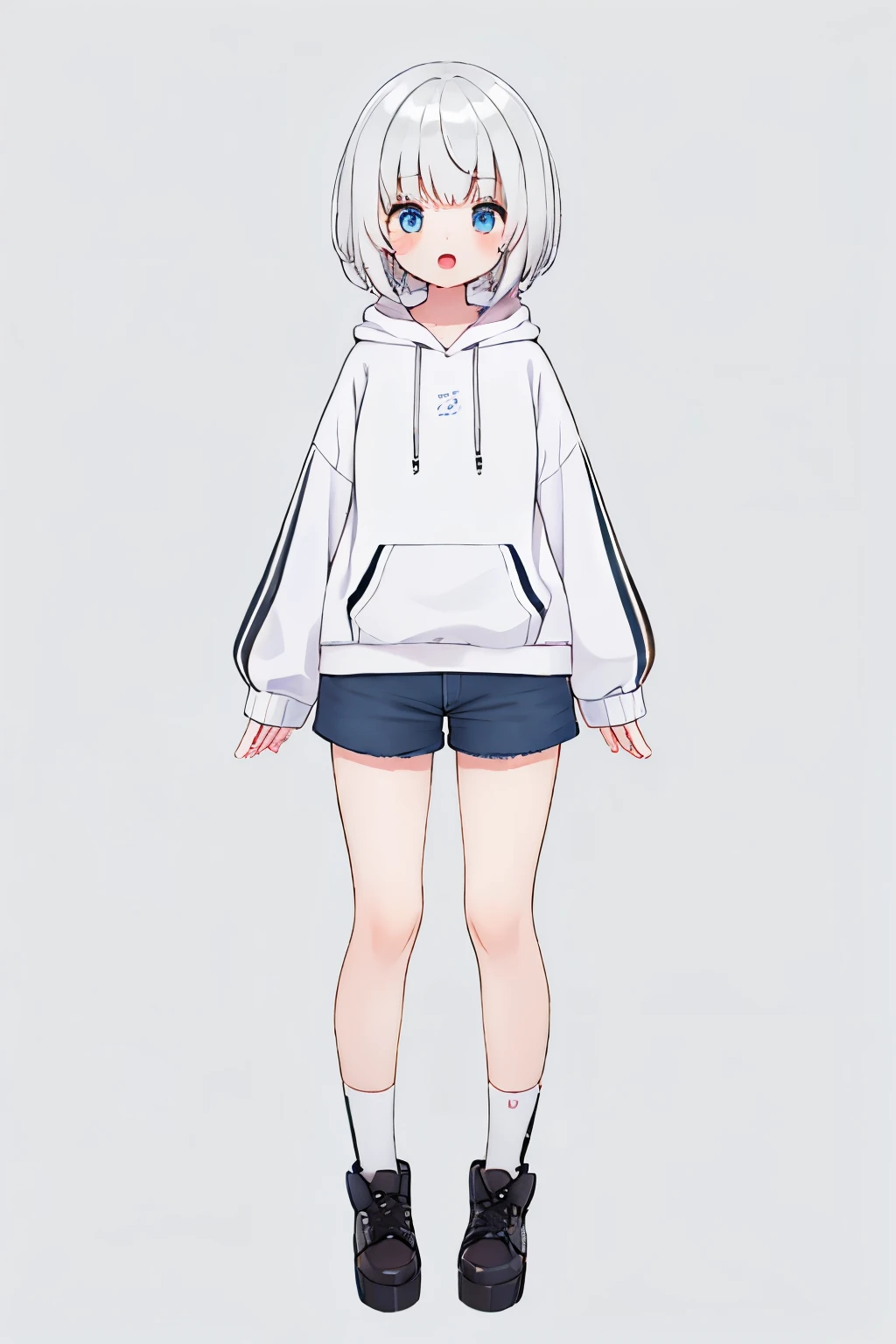 symmetry, bob cut, full body, grey background, 1girl, , open mouth, white hair, blue eyes, hoodie, short pants, virtual youtuber,