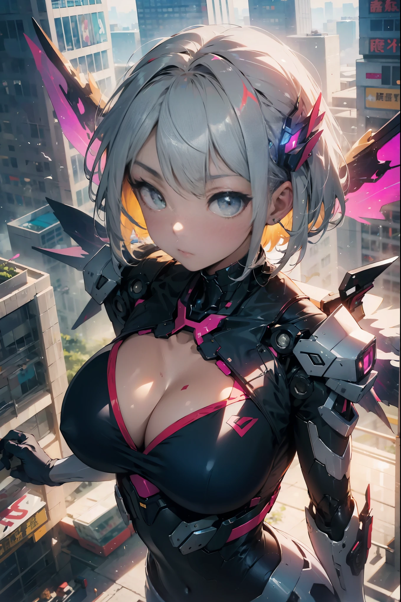 masterpiece, best quality, 穿着高科技紧身衣的女孩从high-rise飞下, neon city, high-rise, from above, Mecha Wings, short hair, sun visor,huge cleavage,huge ,Grooves reveal original skin