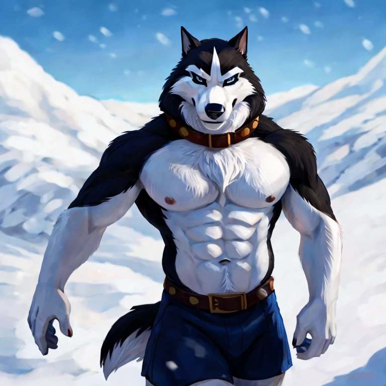 Steele (Balto),dog,canine,Alaskan Malamute,male,aldult,alone,4K,best quality,best quality,looking at the audience,hairy body,Topless,not wearing clothes,bare chest,white chest fur,furry tail,chest muscles,chest muscles粉红乳头,Six-pack abs,anatomically correct,Delicate fur,pride,soft shadow,Majestic detailed face,High quality eyes,blue pupils,black eyes,Sharp eyes,,Grandiose,brave,Confident smile,Strong,mature,collar,Blue shorts,sash,Snow,snowfield,snow mountain,Blue sky and white clouds