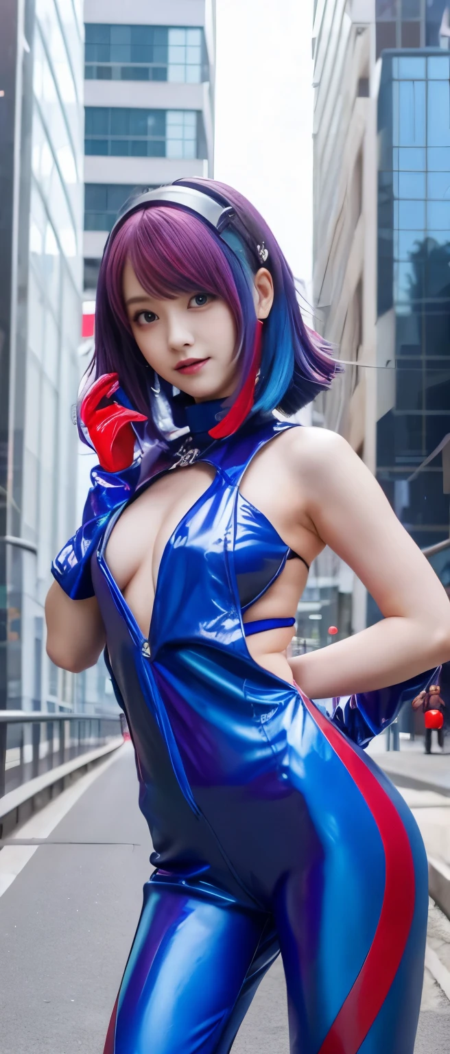 cyber idol、whole body、good style、、、、、blue and red cyber costume、colorful hair、cyber building