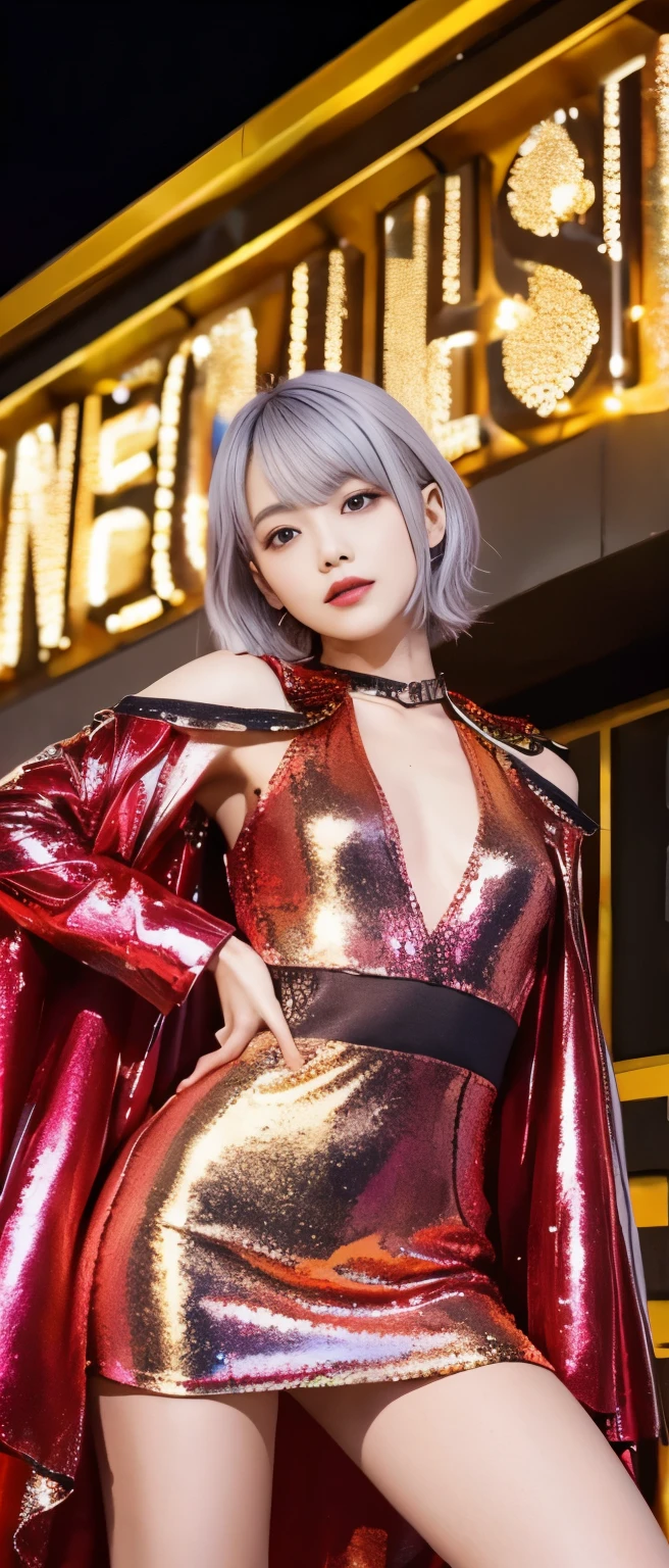 Gorgeous Idol、whole body、good style、、、、、gold and red sequin costume、silver hair、cyber building