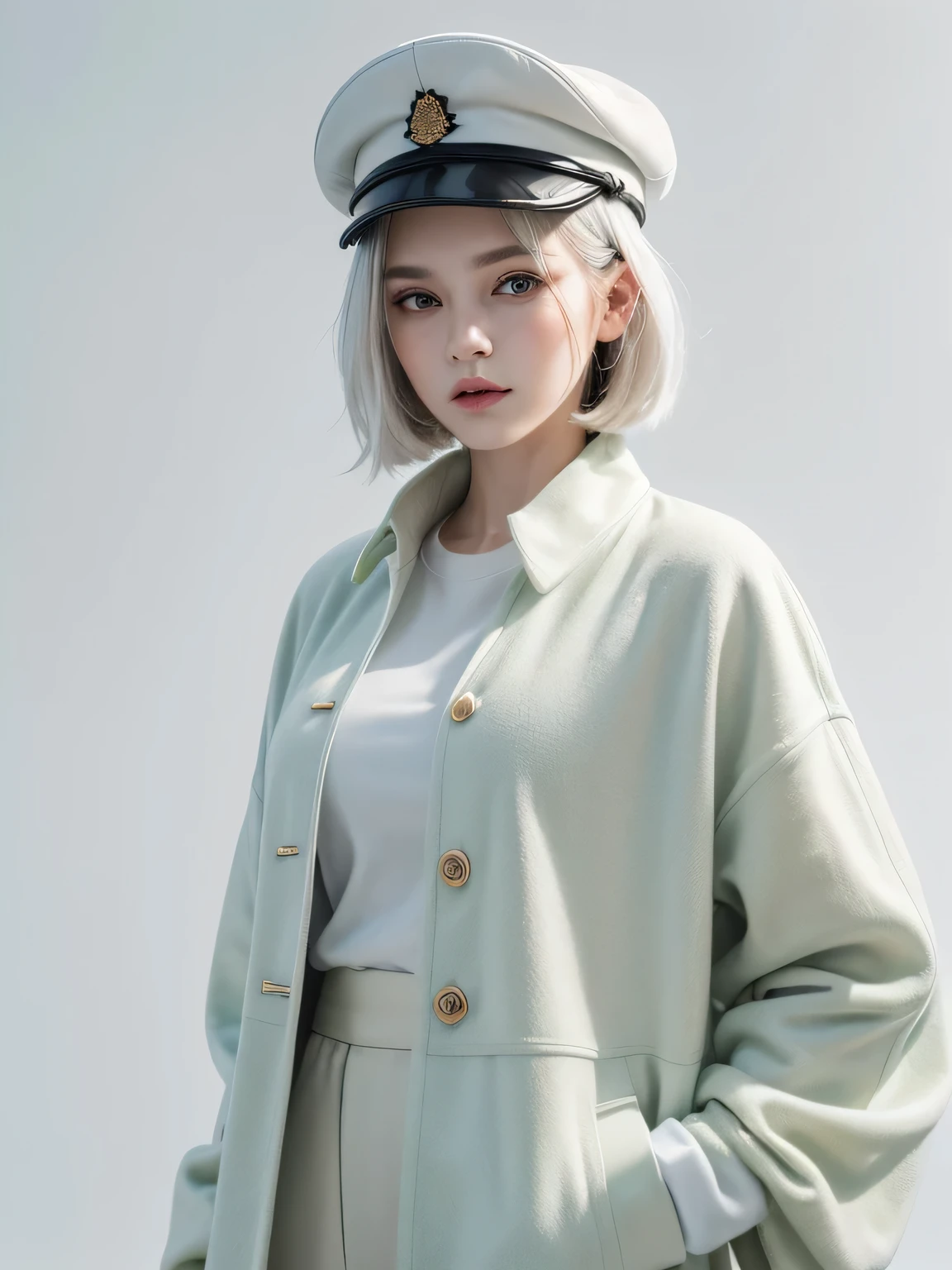 (8k, highest quality, High resolution, RAW photo, masterpiece :1.3), beautiful adult woman, long face, ((pure white background)), (light green long coat, oversized white shirt, wide pants, cap), ((Accurately express details such as faces and skin textures)), wavy bob hair, take a pose