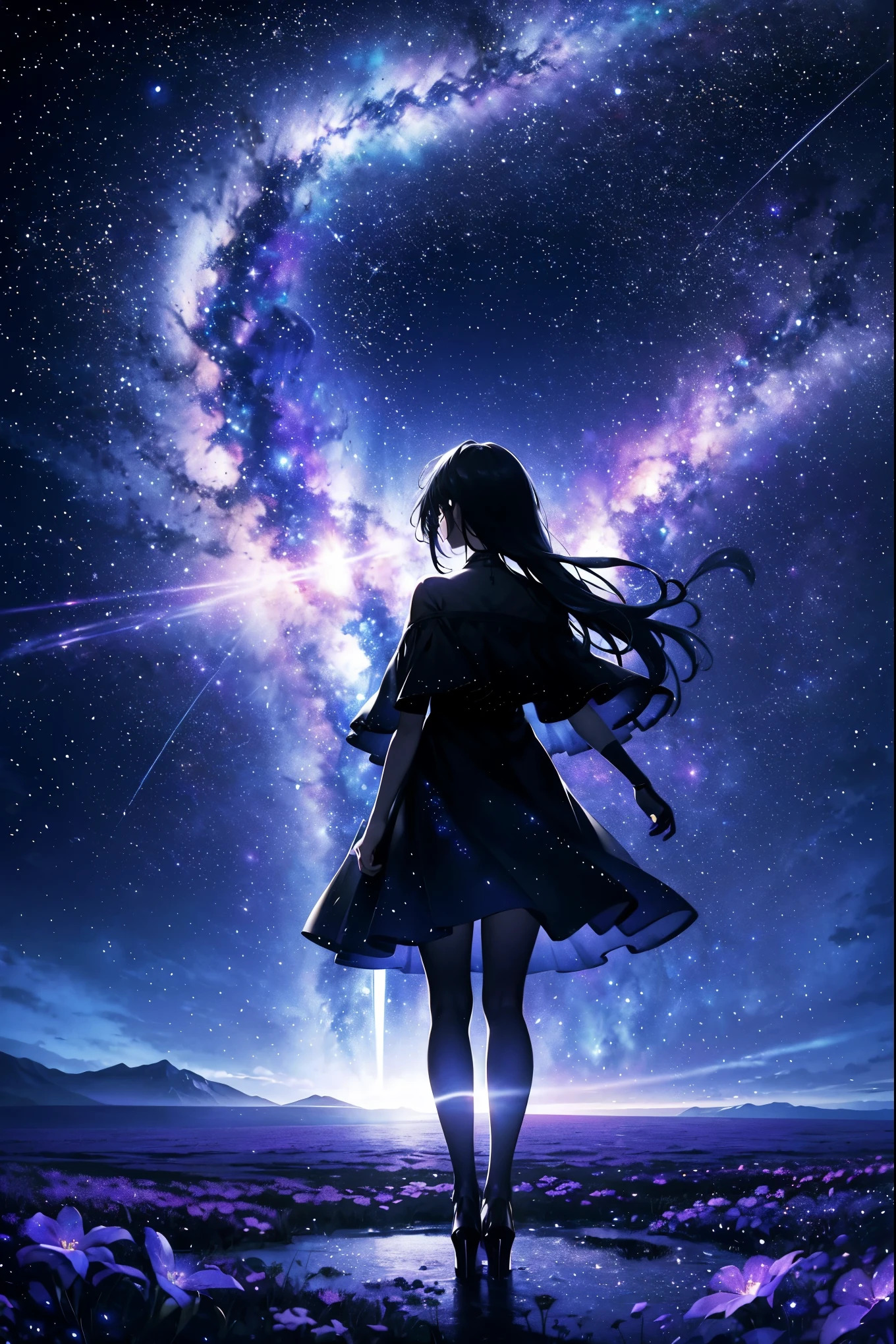 4K landscape, beautiful stars on the background, It's like a dream, sky looking very beautiful, super resolution, perfect lighting, dark space, space photography, very beautiful, fantasy world, Girl Standing On Flowers, look at the sky, dark atmosphere, Perfect color grading, planet in the sky