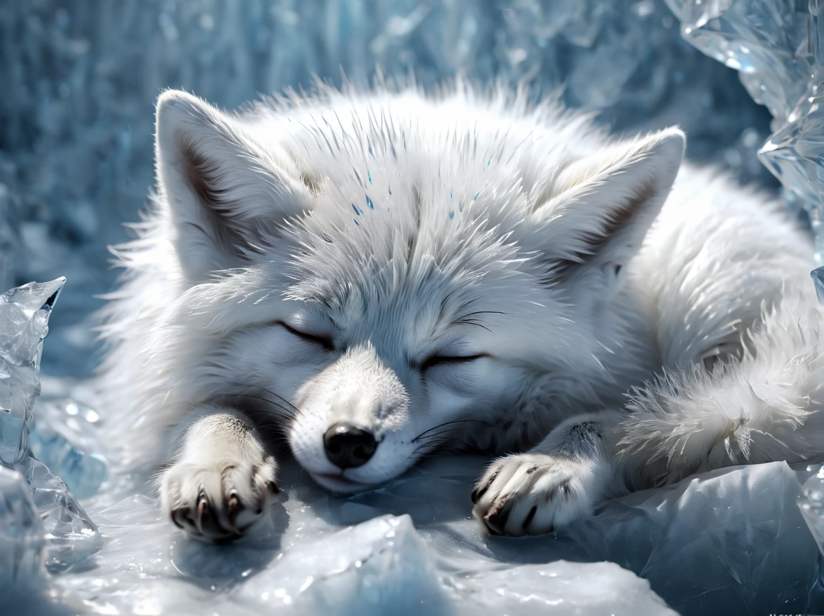 A transparent ice arctic fox, sleeping, elaborately designed, translucent, lying, drkfntasy, gleam, ultra realistic, extremely detailed CG unity 8k wallpaper, masterpiece, best quality