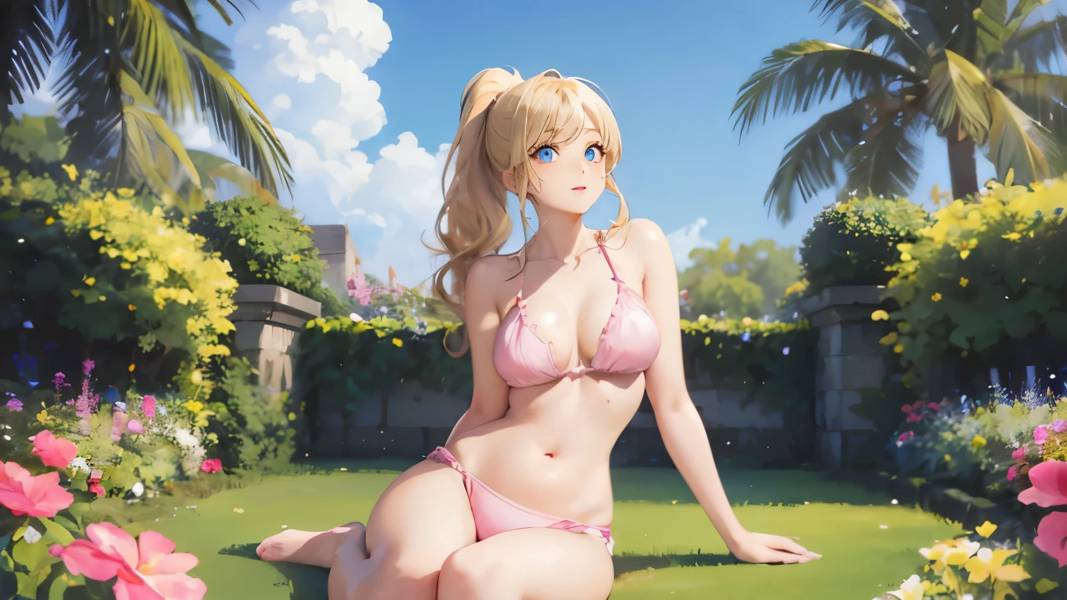 (masterpiece:1.2), (highest quality:1.2),, Curvy but slender body, perfect eyes, perfect face, perfect lighting, 1 girl, in the garden, （smile），（pink bikini），（ruffle bikini），（full body shot），（ponytail），（v-shaped legs），curly hair, fine clothes, detailed outdoor background, compensate, eye shadow, thick eyelashes, fantasy, looking at the viewer, whole body、blue sky、Bright and very beautiful face、young shiny glossy white shiny skin、the best beauty、the most beautiful bright blonde hair in the world、thin hair、long hair、Shining beautiful bangs、big shining blue eyes、Very beautiful and lovely 18 years old, the most beautiful girl in the world、small breasts