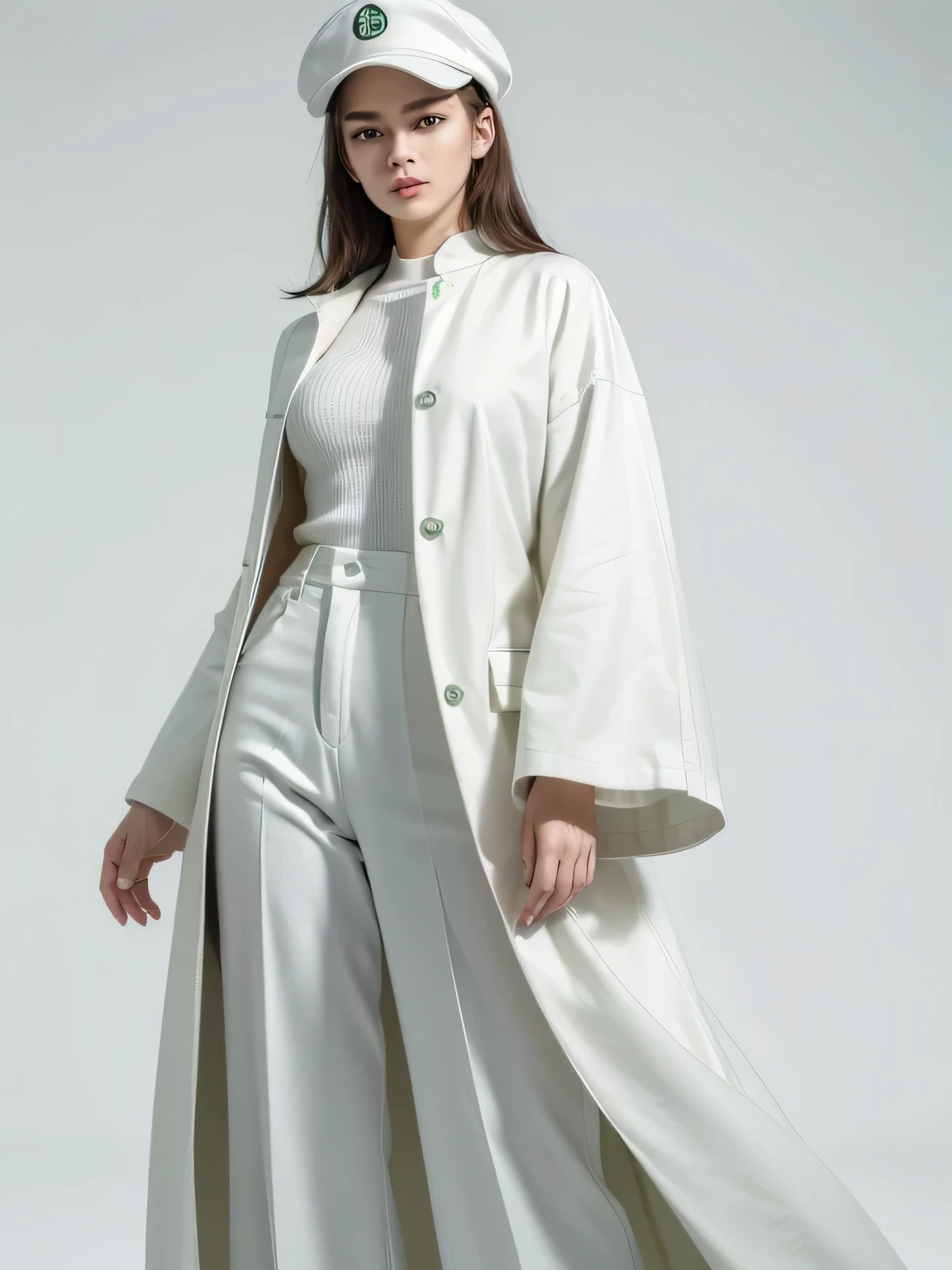 (8k, highest quality, High resolution, RAW photo, masterpiece :1.3), beautiful adult woman, long face, ((pure white background)), (light green long coat, oversized white shirt, wide pants, cap), ((Accurately express details such as faces and skin textures)), wavy bob hair, take a pose