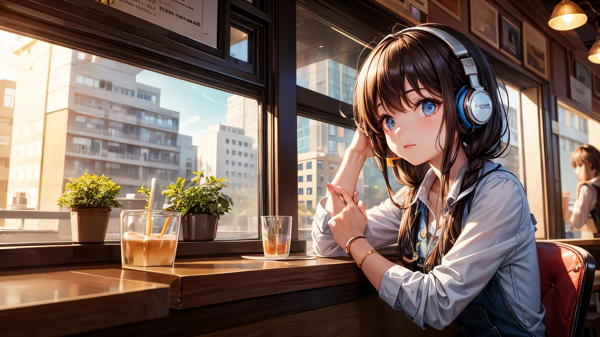 study at a cafe　wearing headphones　girl
