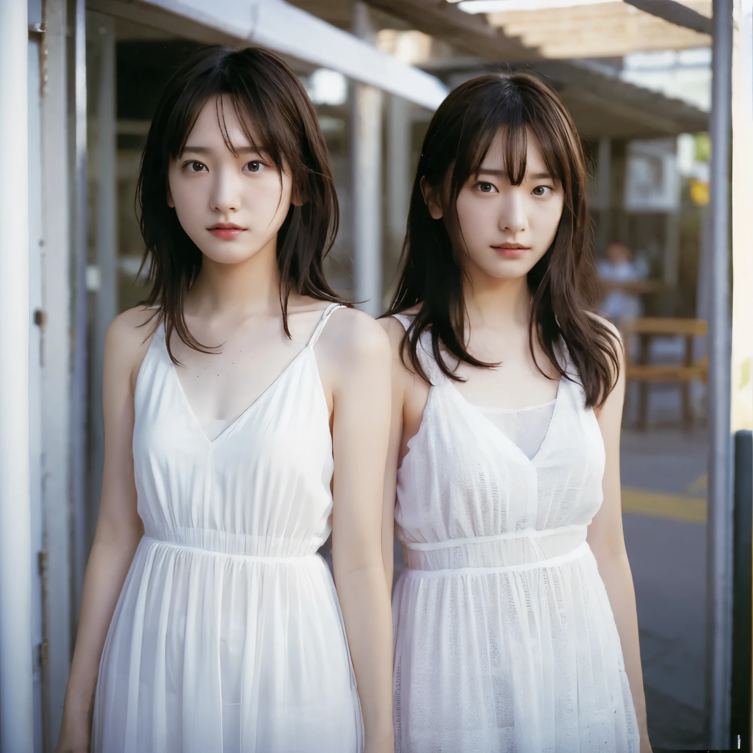 Two asian women in white dresses standing next to each other - SeaArt AI