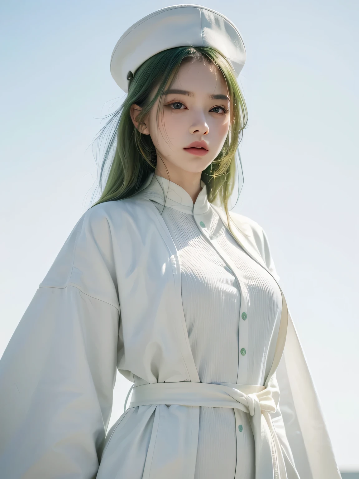 (8k, highest quality, High resolution, RAW photo, masterpiece :1.3), beautiful adult woman, long face, ((pure white background)), (light green long coat, oversized white shirt, wide pants, cap), ((Accurately express details such as faces and skin textures)), wavy bob hair, take a pose
