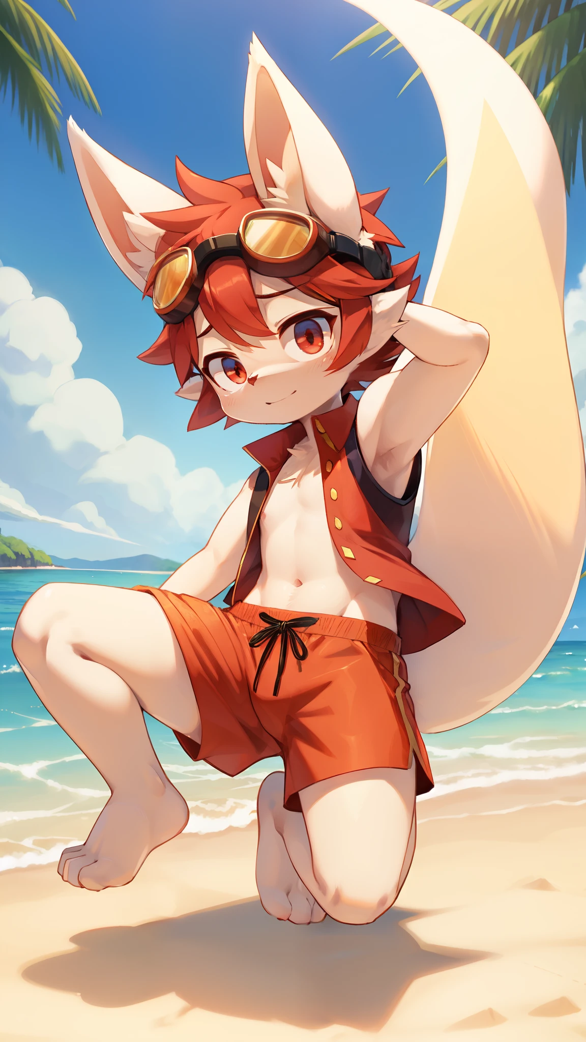 Cinderace, furry shota, detailed body fur, detailed face, detailed eyes, glistering body, shiny body, gorgeous body, masterpiece, high quality, full body, feets with three toes, ((goggles, red hawaiian shirt, open clothes, black swim trunks)), beach, clear sky,