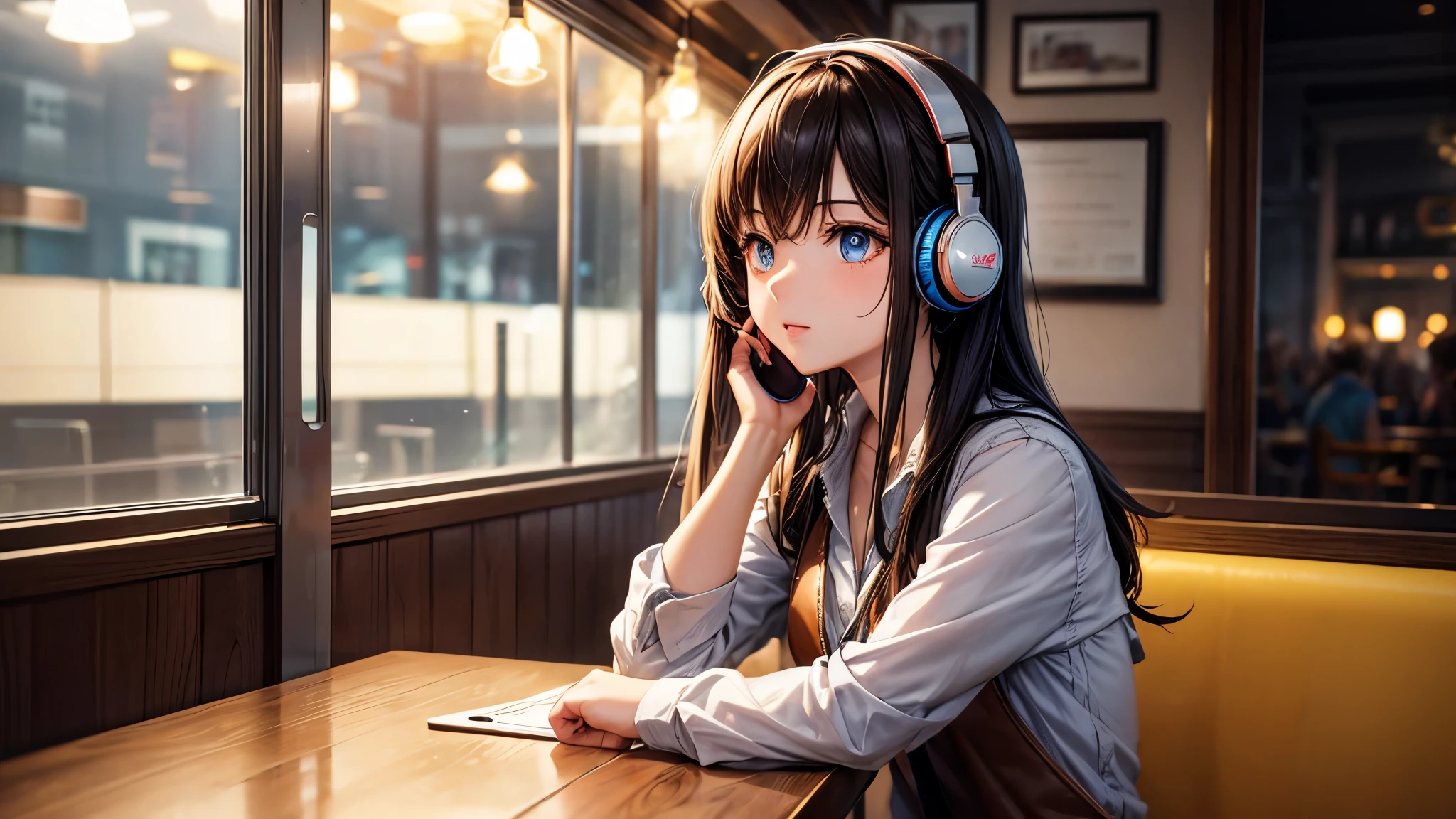 study at a cafe wearing headphones girl