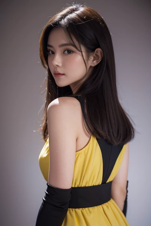 Make a closeup picture of gorgeous Princess Belle dressed as a ninja in black and yellow, super crisp high fidelity, night time