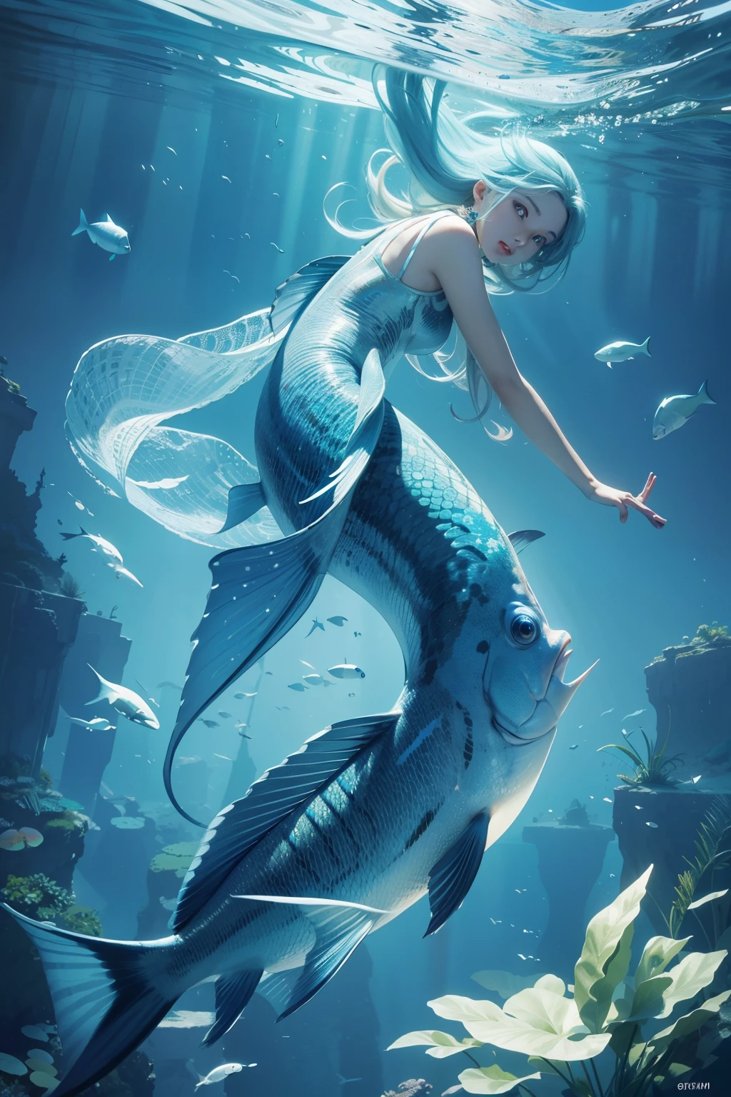 A camera in the sky, as if belonging to a fish, captures the fish in a brillianly intricate 360-degree fashion. The fish flies freely against the backdrop of a clear blue sky, every detail of its scales and fins meticulously rendered. The resolution is of the highest caliber, each pixel showcasing the fish's breathtaking form in stunning clarity. This revelatory image is a true tmasterpiece, a beautiful and captivating sight to behold. [
For those who might need a more advanced description:
Utilizing a state-of-the-art, equirectangular columnar 3D rendering technique, this image brings to life a fish