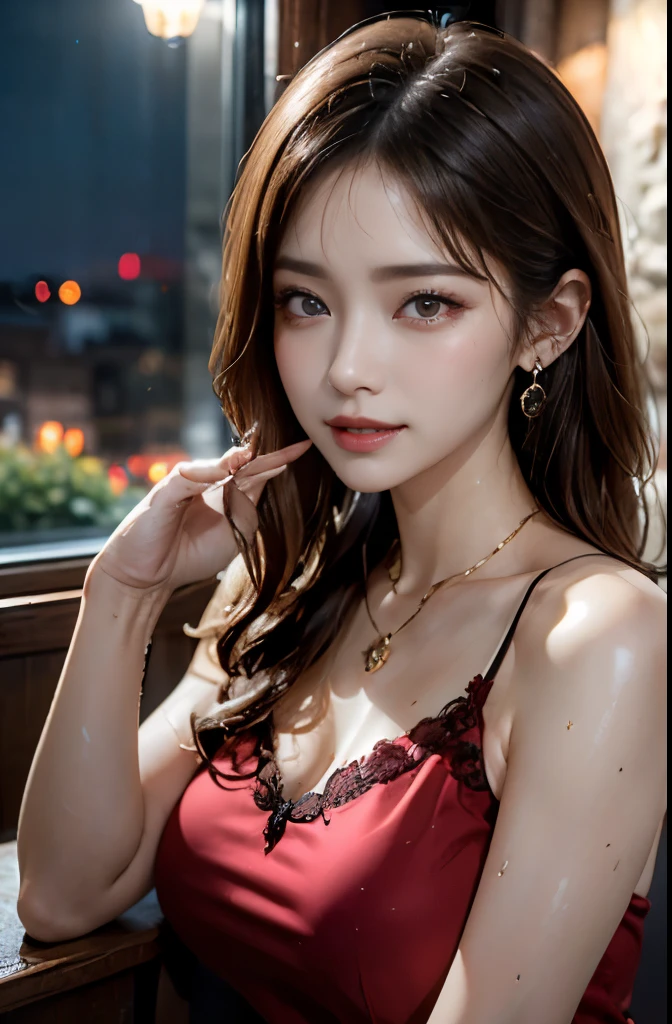 8k, RAW photo, fujifilm, Beautiful 45 year old woman style photo, square face, red rose on neck, wearing a red and black lace dress, gold earrings, Strong features like a spinning pigeon, (highly detailed skin: 1.2), light medium brown hair, film grain, 35mm, cute style、(((dripping sweat、oil skin,sparkling skin、realistic skin texture、detailed beautiful skin、shiny skin、shiny skin)))