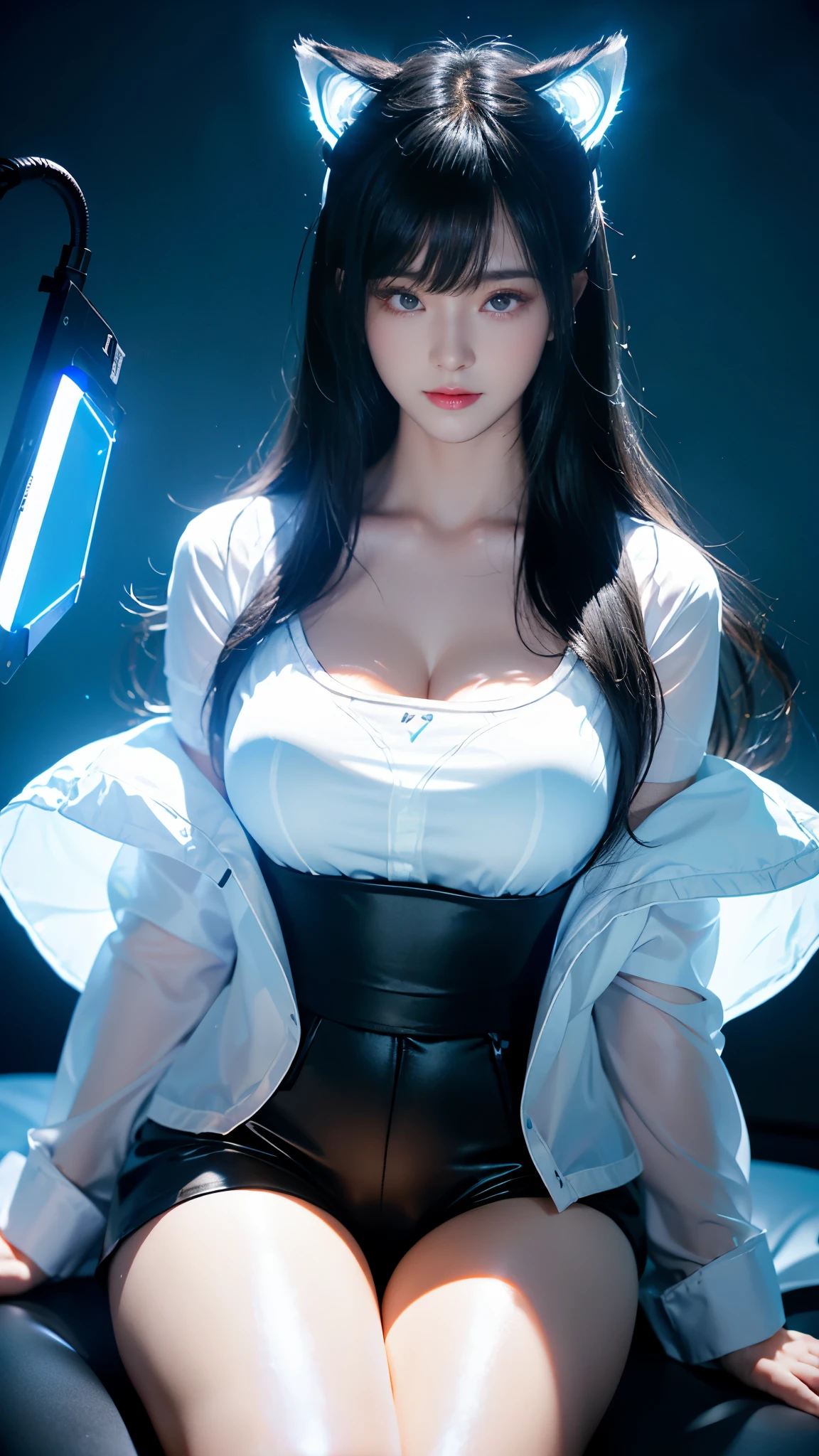 girl、Heaven、hotel、black long straight hair、glowing neon lights、Video game room、sitting on gaming chair、girl子玩游戏、Illuminated keyboard、Glowing cat ears、(((UV lamps、White shirt glowing under black light)))、plump big breasts、large cleavage、satin fabric hot pants