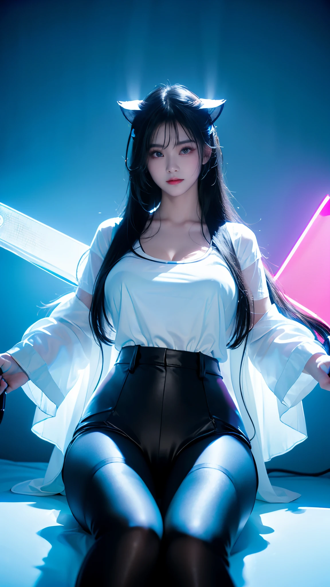 girl、Heaven、hotel、black long straight hair、glowing neon lights、Video game room、sitting on gaming chair、girl子玩游戏、Illuminated keyboard、Glowing cat ears、(((UV lamps、White shirt glowing under black light)))、plump big breasts、large cleavage、satin fabric hot pants