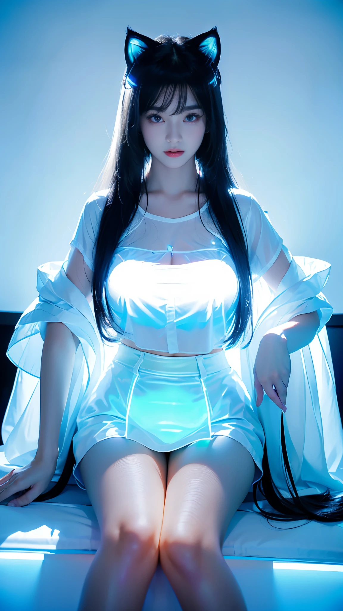 girl、Heaven、hotel、black long straight hair、glowing neon lights、Video game room、sitting on gaming chair、girl子玩游戏、Illuminated keyboard、Glowing cat ears、(((UV lamps、White shirt glowing under black light)))、plump big breasts、large cleavage、satin fabric hot pants