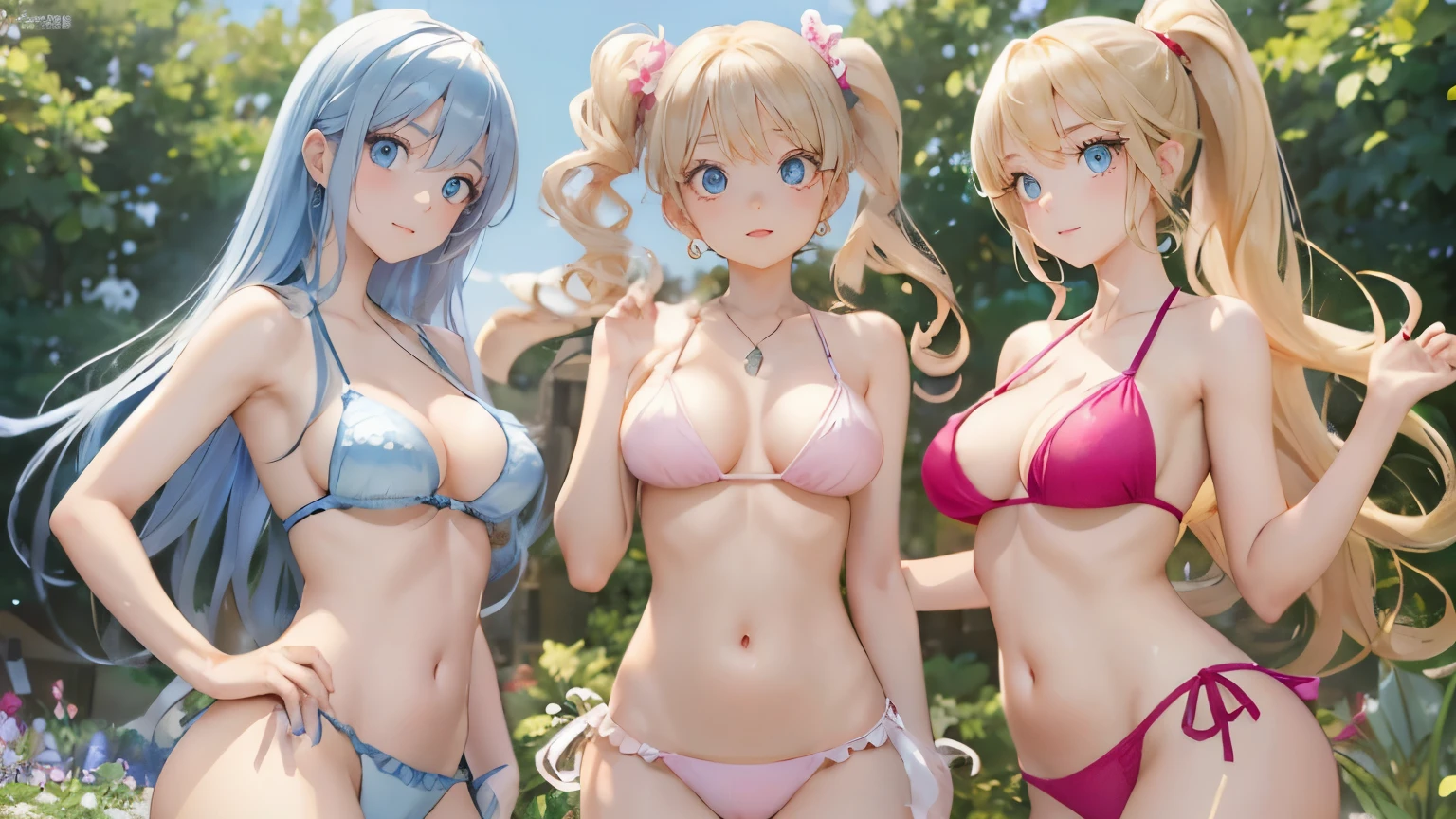 (masterpiece:1.2), (highest quality:1.2),, Curvy but slender body, perfect eyes, perfect face, perfect lighting, 1 girl, in the garden, (smile),(pink bikini),(ruffle bikini),(full body shot),(ponytail),(wide open crotches),curly hair, fine clothes, detailed outdoor background, compensate, eye shadow, thick eyelashes, fantasy, looking at the viewer, whole body、blue sky、Bright and very beautiful face、young shiny glossy white shiny skin、the best beauty、the most beautiful bright blonde hair in the world、thin hair、long hair、Shining beautiful bangs、big shining blue eyes、Very beautiful and lovely 18 years old, the most beautiful girl in the world、small breasts
