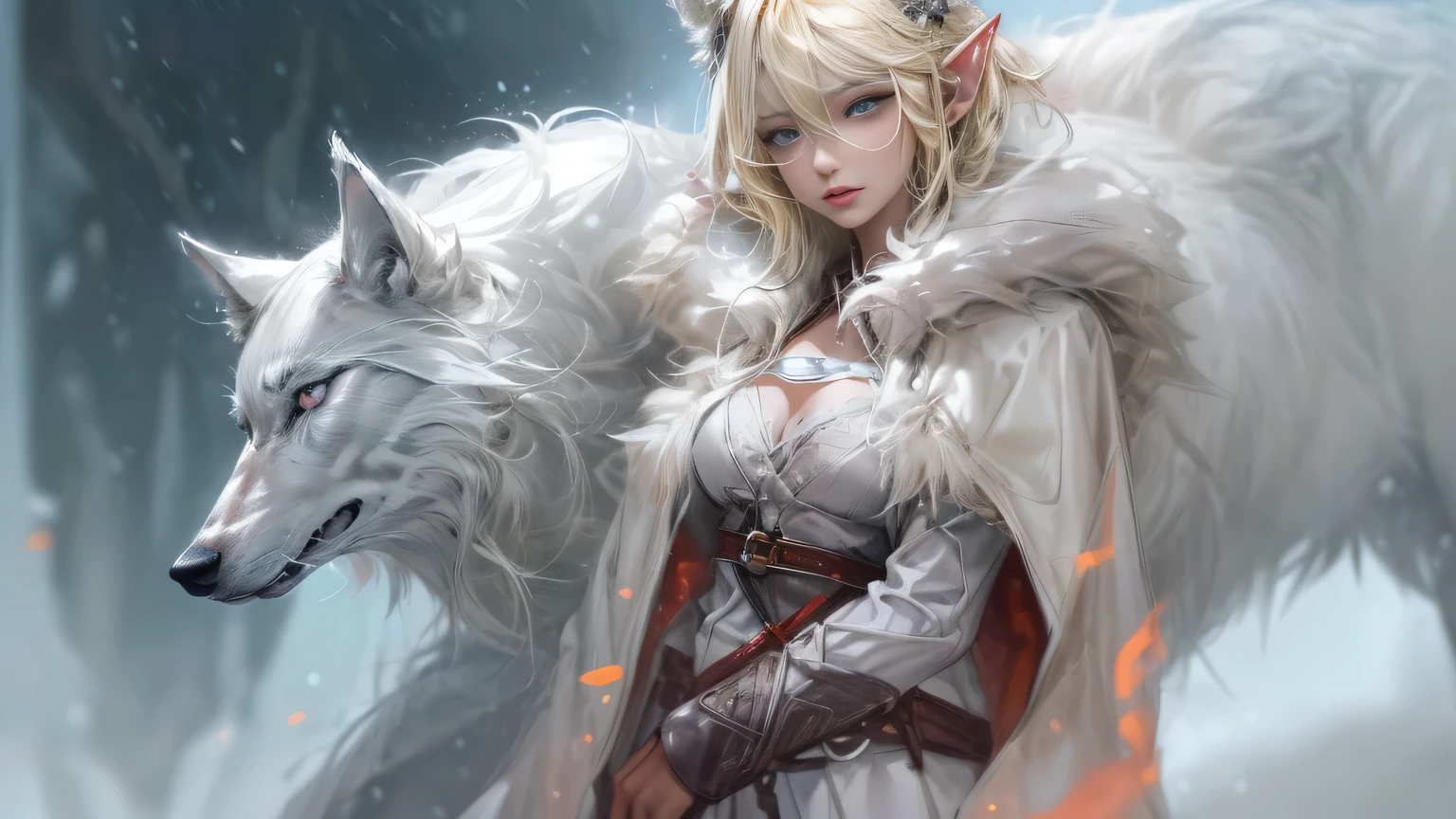 ((masterpiece, best quality)), (fractal art:1.3), viking elf girl, big 가슴, fancy, Standing with ancient A wolf, concept yoji shinkawa, concept art, painting, Frank Prazzetta(Frank Prazzetta)(Frank Prazzetta(Frank Prazzetta)), break, (elf:1.2), 1 woman, alone, (blonde hair:1.15), blunt bangs, (hair between eyes), blue eyes, (Beautiful and detailed face:1.2),Art style by Artgerm, Vadim Kashin(Vadim Kashin), author: Kawashi, break, (1 animal), ((A wolf)), fluffy, big, White fur, break, ((ancient viking clothes)),fluffy cloak, big breast, Long black gloveless pantyhose with white boots..., break, Eyelashes, eye shadow, pink eye shadow, break, very detailed, dynamic angle, dynamic shot, The most beautiful form of chaos, elegant, brutal design, The background is a ruined castle wall covered with snow in winter.,