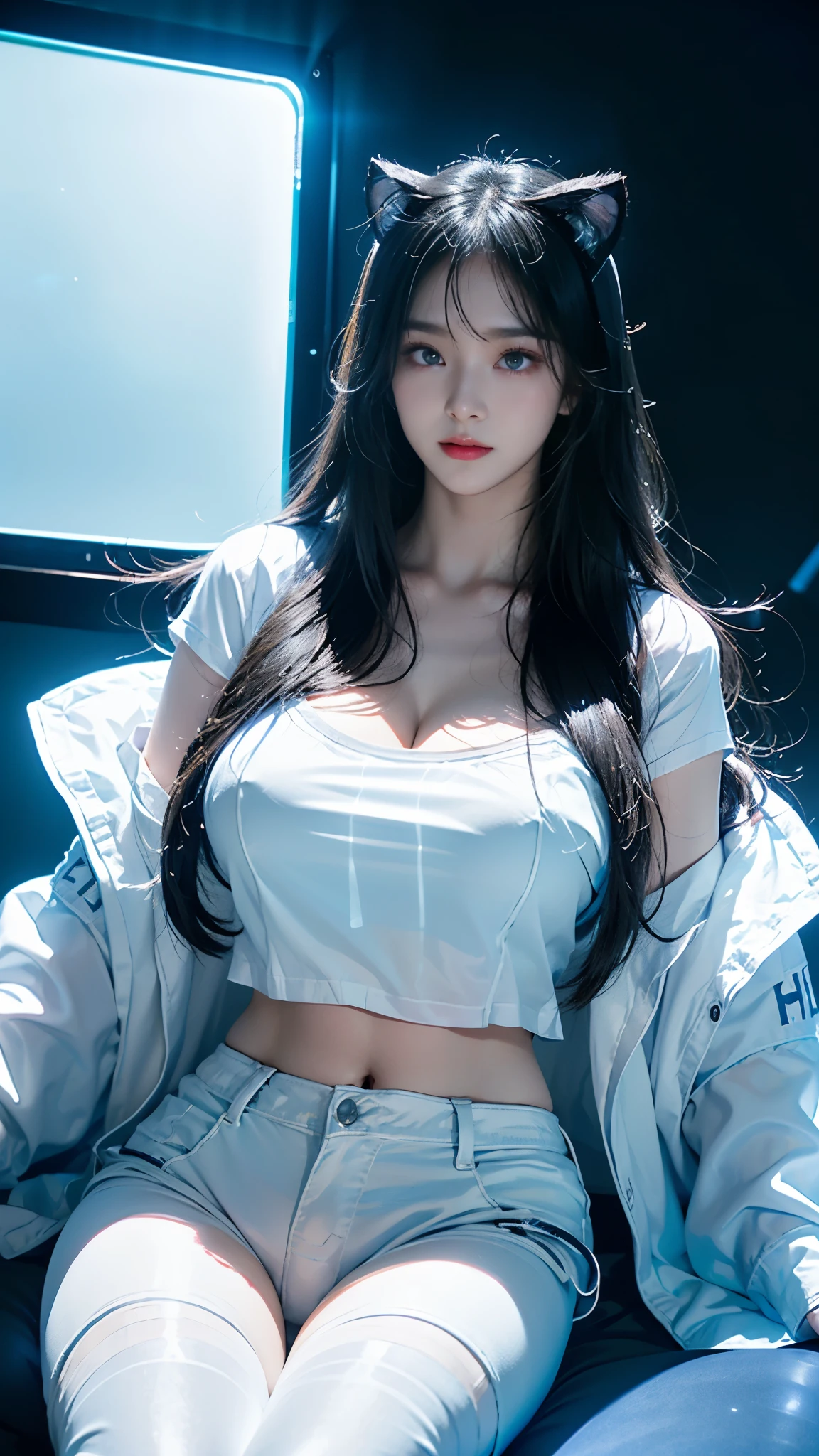 girl、Heaven、hotel、black long straight hair、glowing neon lights、Video game room、sitting on gaming chair、girl子玩游戏、Illuminated keyboard、Glowing cat ears、(((UV lamps、White shirt glowing under black light)))、plump big breasts、large cleavage、satin fabric hot pants