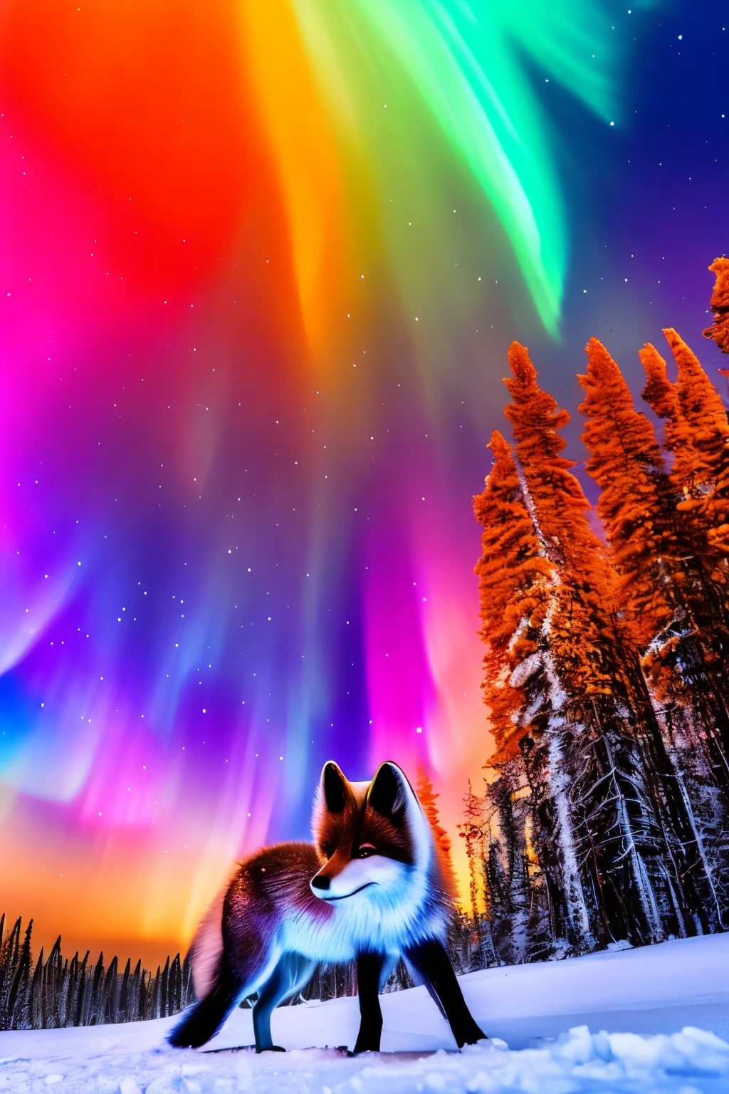 best quality, 32k, RAW photo, incredibly absurdres, extremely detailed, delicate texture, arctic fox, background rainbow-colored aurora, snow field, midnight sun
