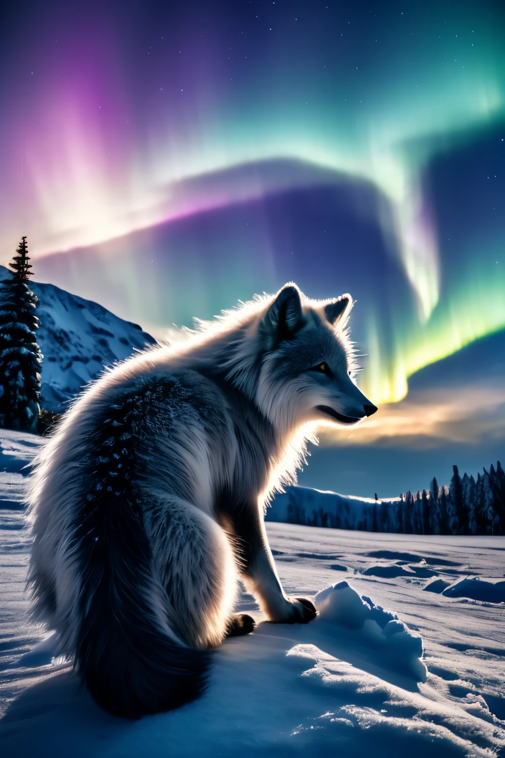 best quality, 32k, RAW photo, incredibly absurdres, extremely detailed, delicate texture, arctic fox, background rainbow-colored aurora, snow field, midnight sun
