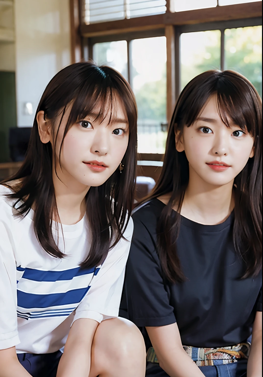 two women sitting next to each other in a room, Ulzzang, popular korean makeup, Korean facial features, Nixeu e sakimichan, popular korean makeup, Jimin\plump lips, jenny blackpink, With a round face, sakimichan, black and, Larisa Manobar, with the same hairstyle, jossi de blackpink