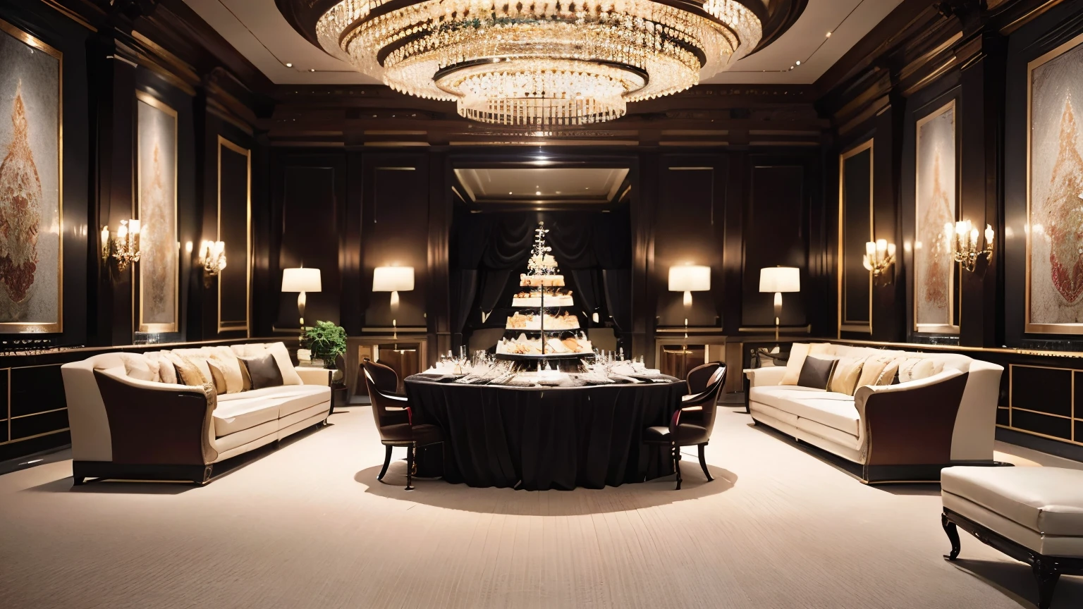Highest image quality、realistic pictures、Photographed with a wide-angle lens。luxury hotel、luxury party venue、birthday、Spacious space、Champagne、luxurious cuisine、Fun time、richness、chic、fashionable、hisense。