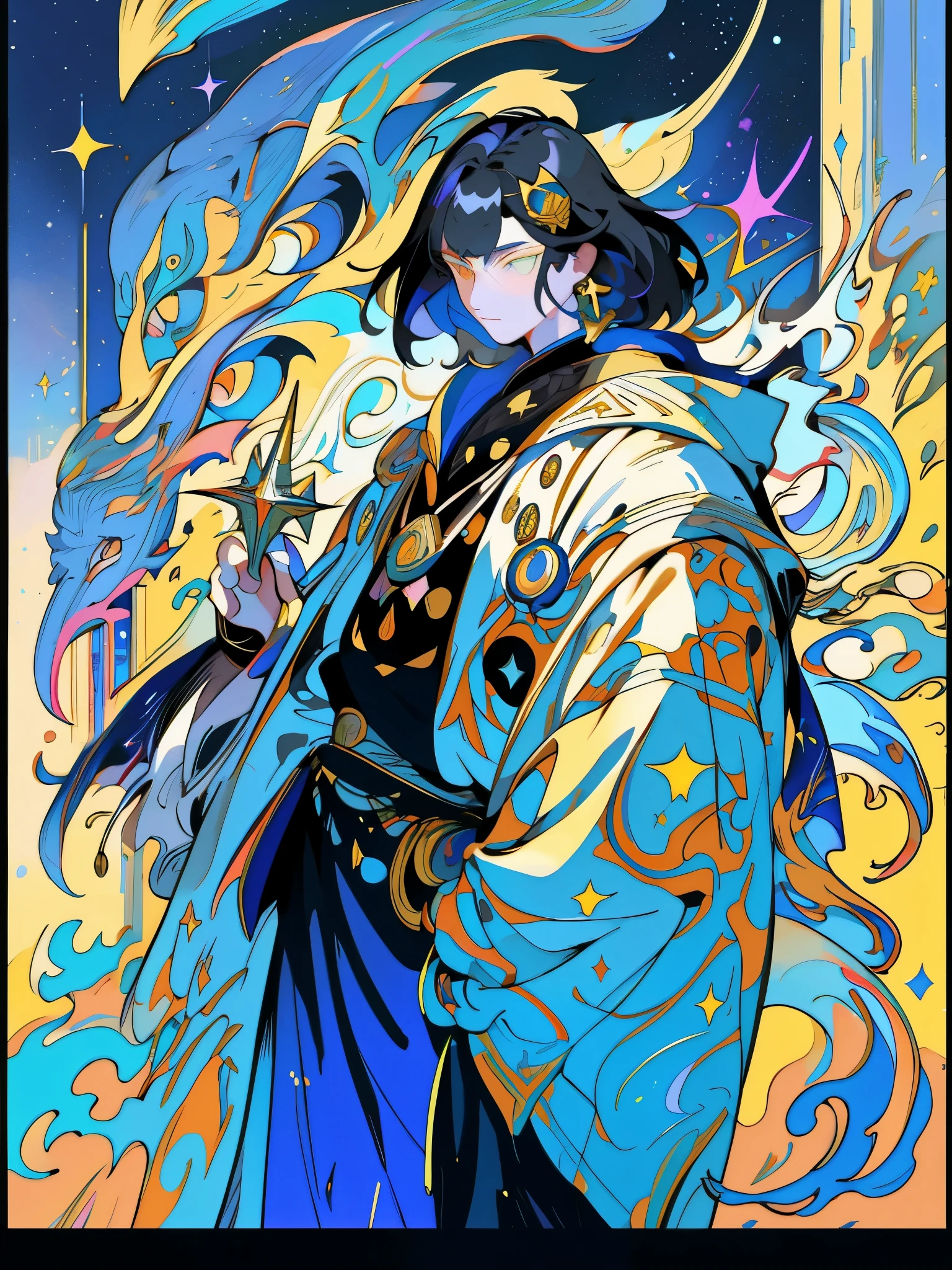 Full body, standing, holding a compass, Johannes Kepler as an anime character in the style of Bungo Stray Dogs, with detailed eyes and lips, wearing a historical costume. The artwork should be in the medium of digital illustration with a high level of detail and realistic rendering. The background should feature a starry night sky, highlighting Kepler's connection to astronomy. The color palette should be vibrant with a mix of warm and cool tones to create a dynamic and atmospheric effect. The lighting should emphasize Kepler's face and costume, casting dramatic shadows and creating a sense of depth. The overall image quality should be of the best possible resolution, allowing for ultra-detailed rendering and vivid colors.