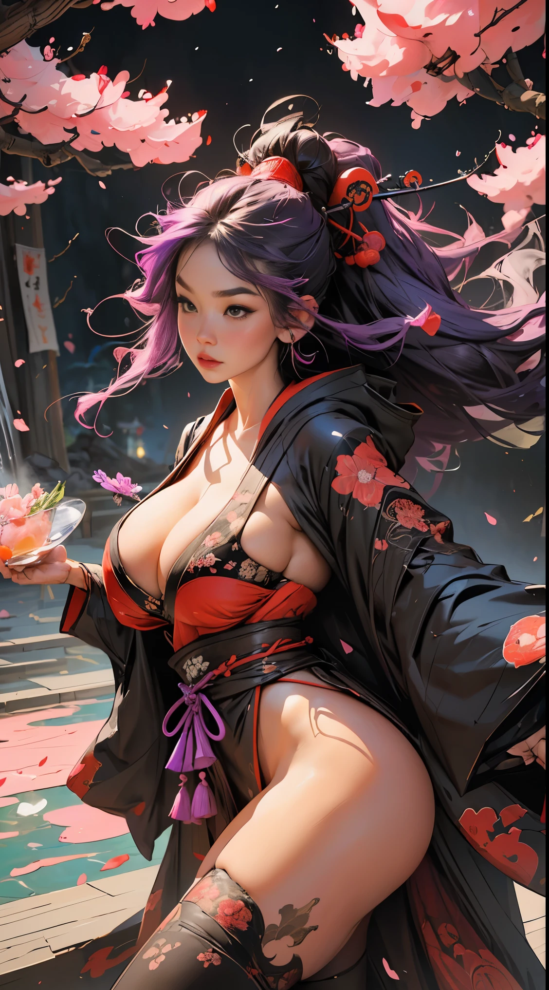 (masterpiece, top quality, best quality, official art, beautiful, cosmic, atmospheric, psychedelic, dreamlike, shinto shrine and aesthetic:1.2), (1girl, platinum purple hair, beautuful highly detailed Harajuku-inspired hooded kimono, tons of tattoos and piercings, super huge enormously gigantic nude tits and nipples exposed, cleavage showing, gigantic tits bursting out of her kimono), extreme detailed,(fractal art:1.3),colorful,highest detailed, cherry blossoms blowing in the wind, swirling psychedelic cosmic dreamlike graffiti patterns 