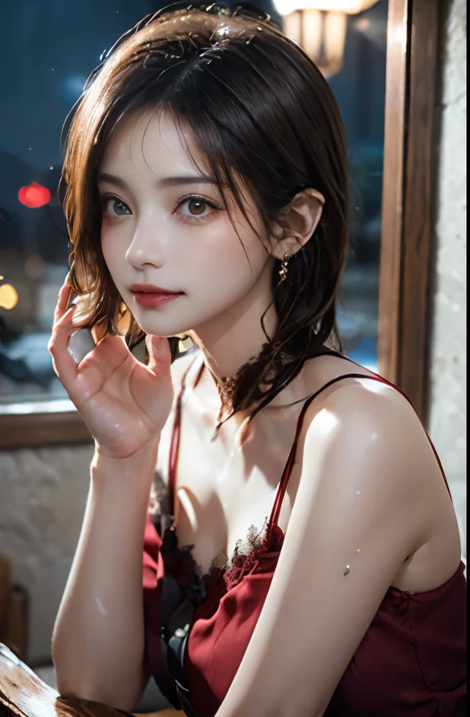 8k, RAW photo, fujifilm, Beautiful 45 year old woman style photo, square face, red rose on neck, wearing a red and black lace dress, gold earrings, Strong features like a spinning pigeon, (highly detailed skin: 1.2), light medium brown hair, film grain, 35mm, cute style、(((dripping sweat、oil skin,sparkling skin、realistic skin texture、detailed beautiful skin、shiny skin、shiny skin)))