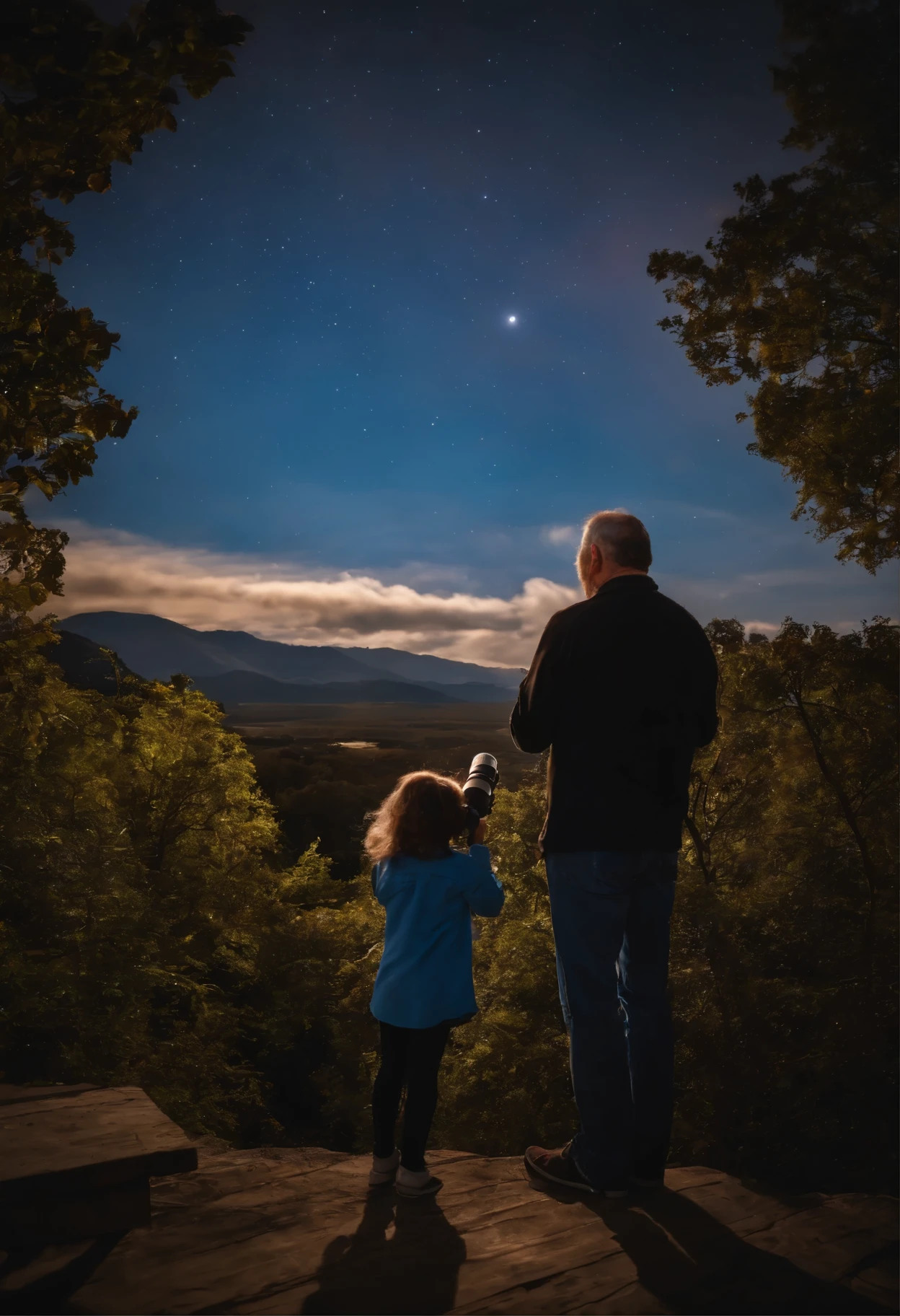 A and her daddy with a telecope looking at the sky. Seen frim behind.