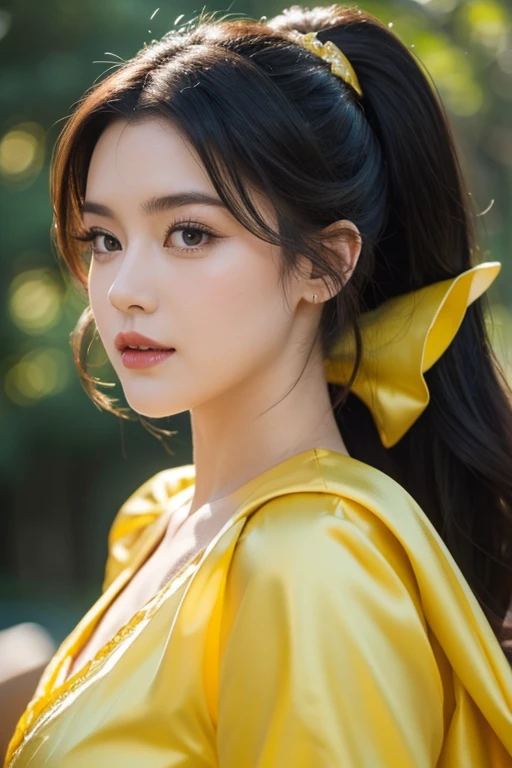 Make a closeup picture of gorgeous Princess Belle dressed as a ninja in black and yellow, super crisp high fidelity