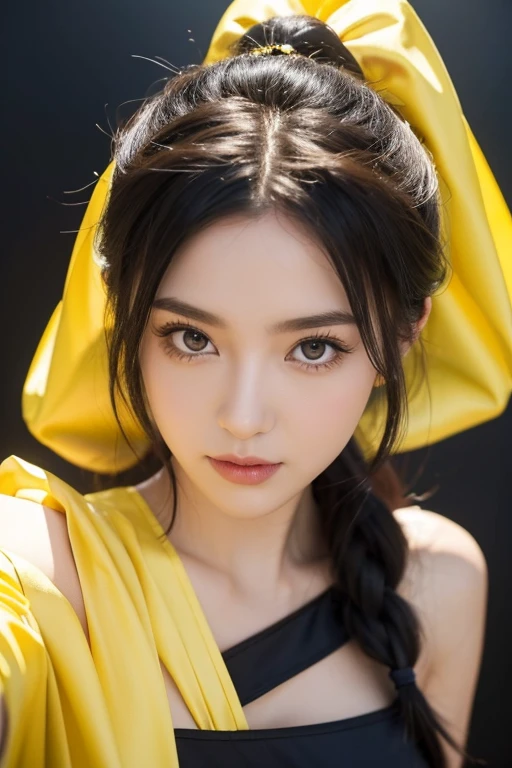 Make a closeup picture of gorgeous Princess Belle dressed as a ninja in black and yellow, super crisp high fidelity
