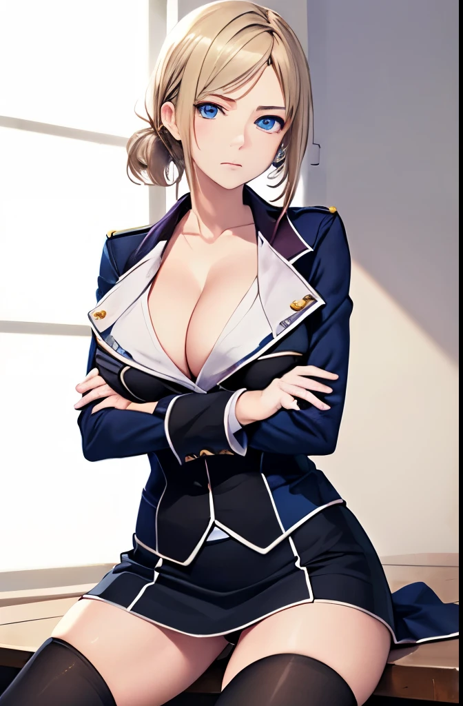 (masterpiece, best quality:1.2), huge tits, cleavage,  cowboy shot, solo, 1girl, awashima seri, expressionless, closed mouth, looking at viewer, crossed arms, blue eyes, uniform, thighhighs