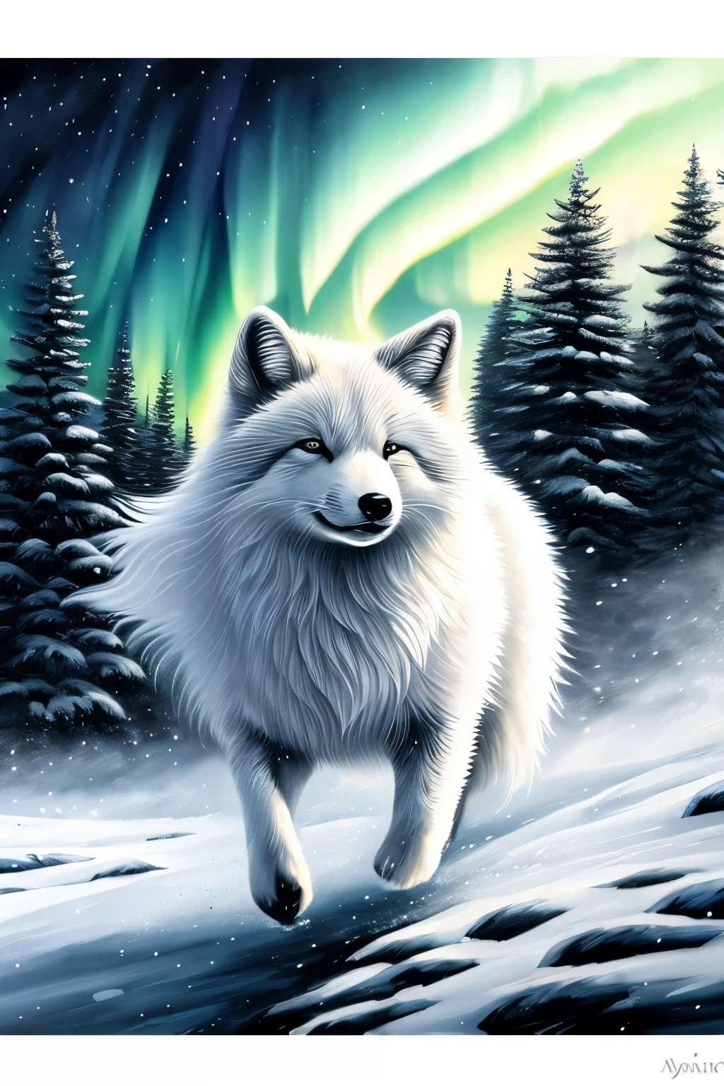 best quality, 32k, RAW photo, incredibly absurdres, extremely detailed, delicate texture, arctic fox, background rainbow-colored aurora, snow field, midnight sun