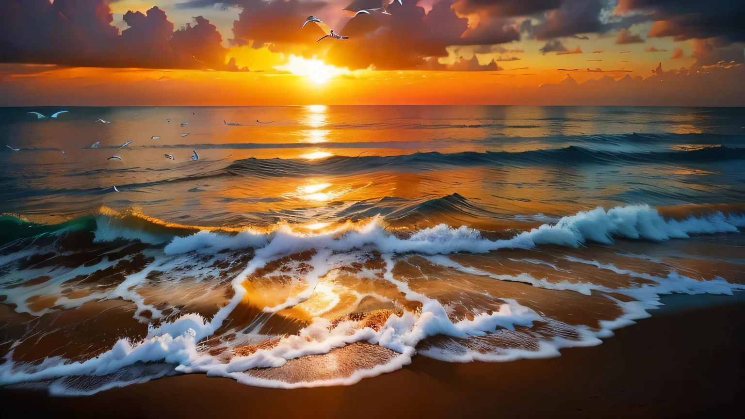 Absolutely mesmerizing sunset on the beach，A flock of flying seagulls in the sky mixed with orange、Pink and yellow。The sea is crystal clear，Kissing the shore tenderly，A couple strolling on the endless white sands of the beach。The scene is full of movement，breath-taking，Seagulls soar high in the sky，Palm trees sway gently。Soak up the calm atmosphere，Let tranquility envelop you。