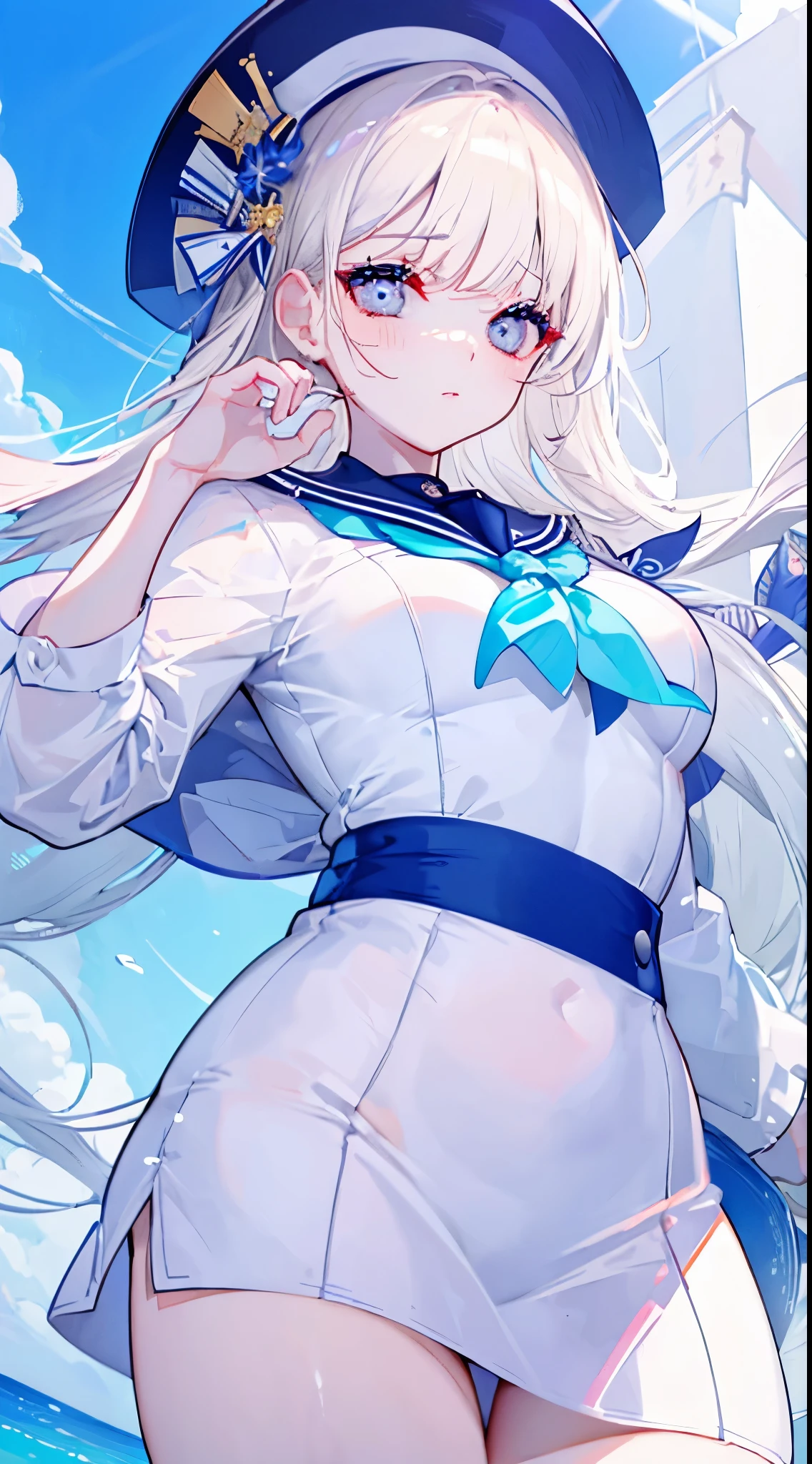 "(perfect masterpiece:1.2), (best quality:1.2), stunning face, uniform, mature and chubby, big pupil, bright eyes, compensate, long and luxurious eyelashes, lip whole, irresistible charisma.",sailor suit