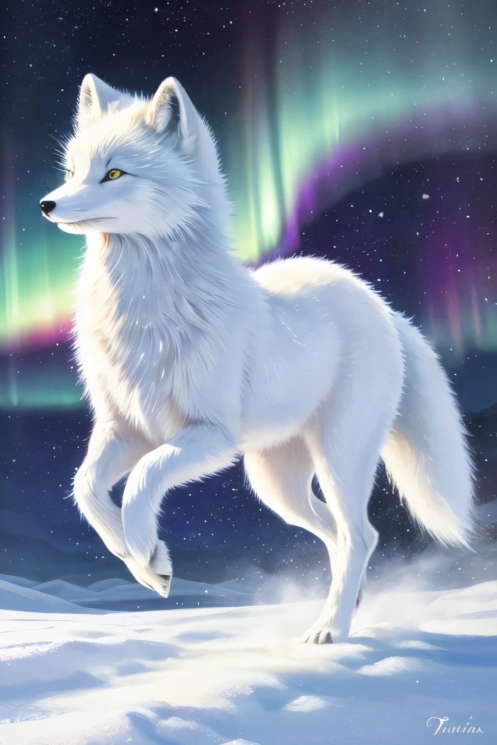 best quality, 32k, RAW photo, incredibly absurdres, extremely detailed, delicate texture, arctic fox, background rainbow-colored aurora, snow field, midnight sun